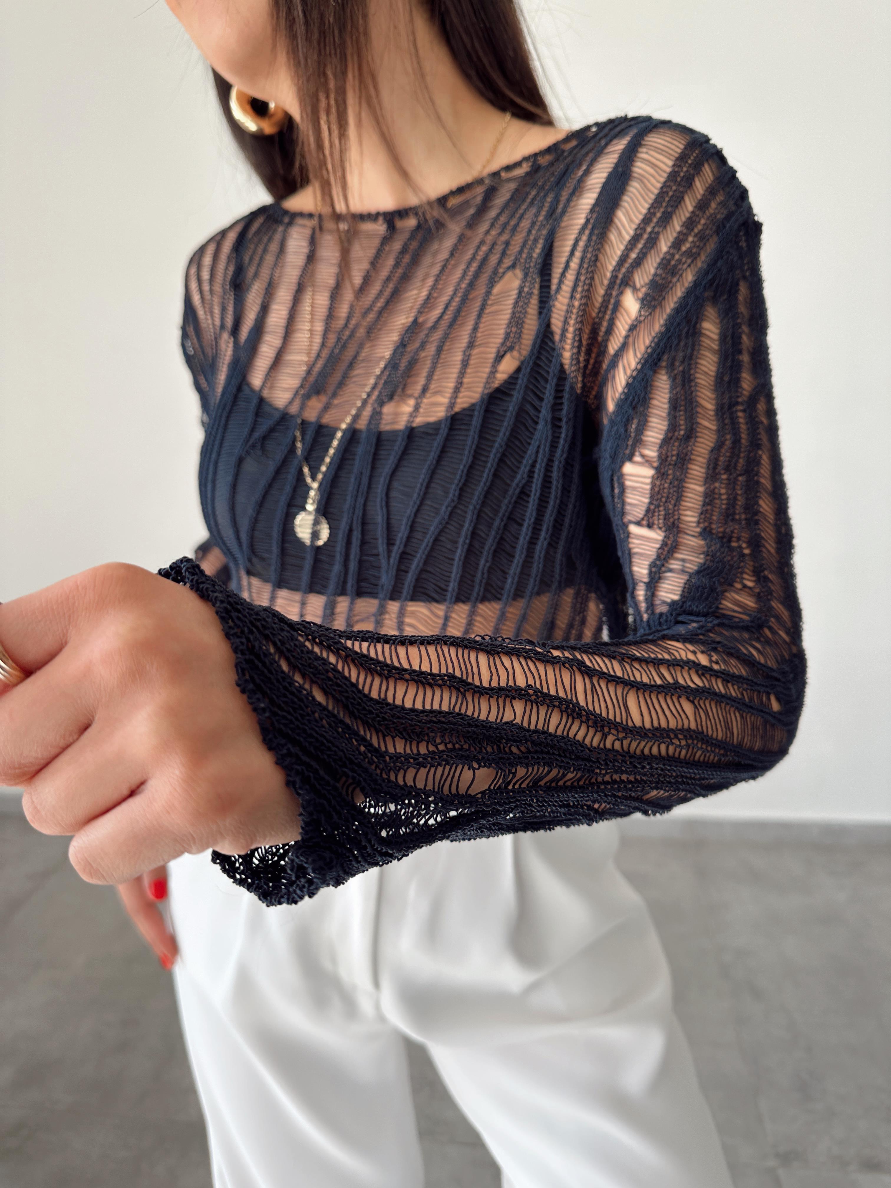 Lacivert Ajurlu Triko Bluz