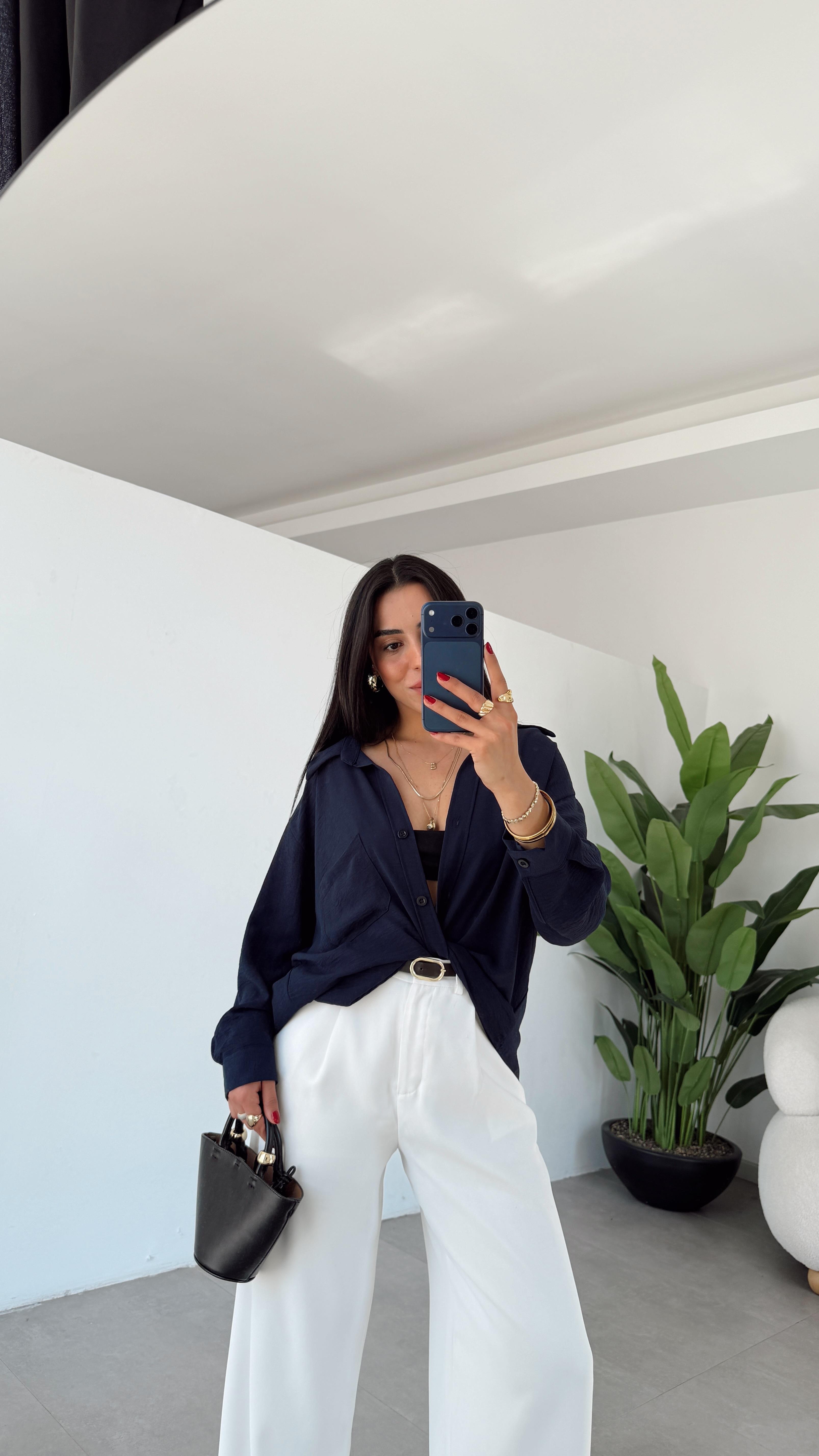 Lacivert Ayrobin Cepli Oversize Gömlek