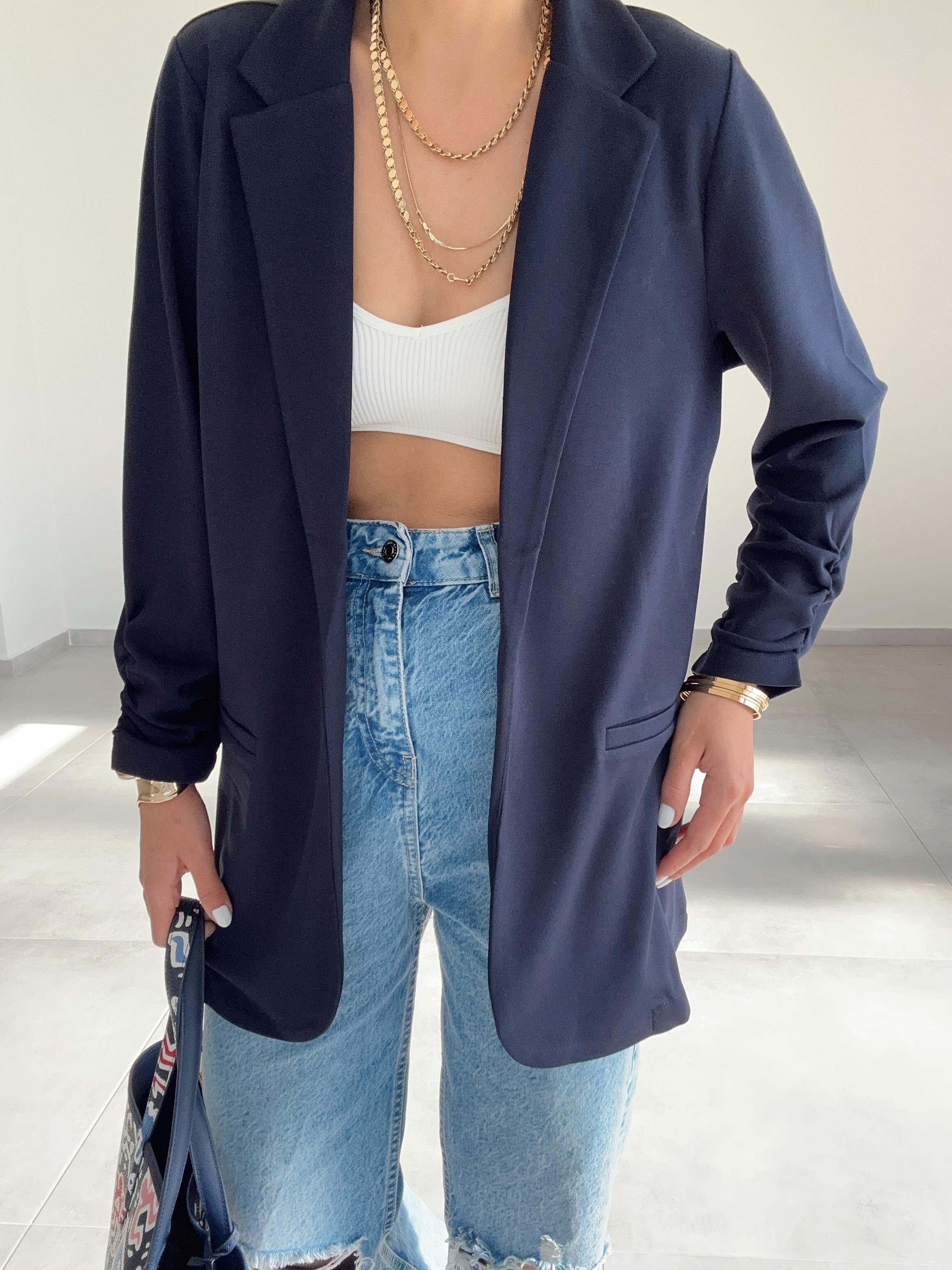 Lacivert Çelik Kumaş Kol Büzgülü Blazer Ceket