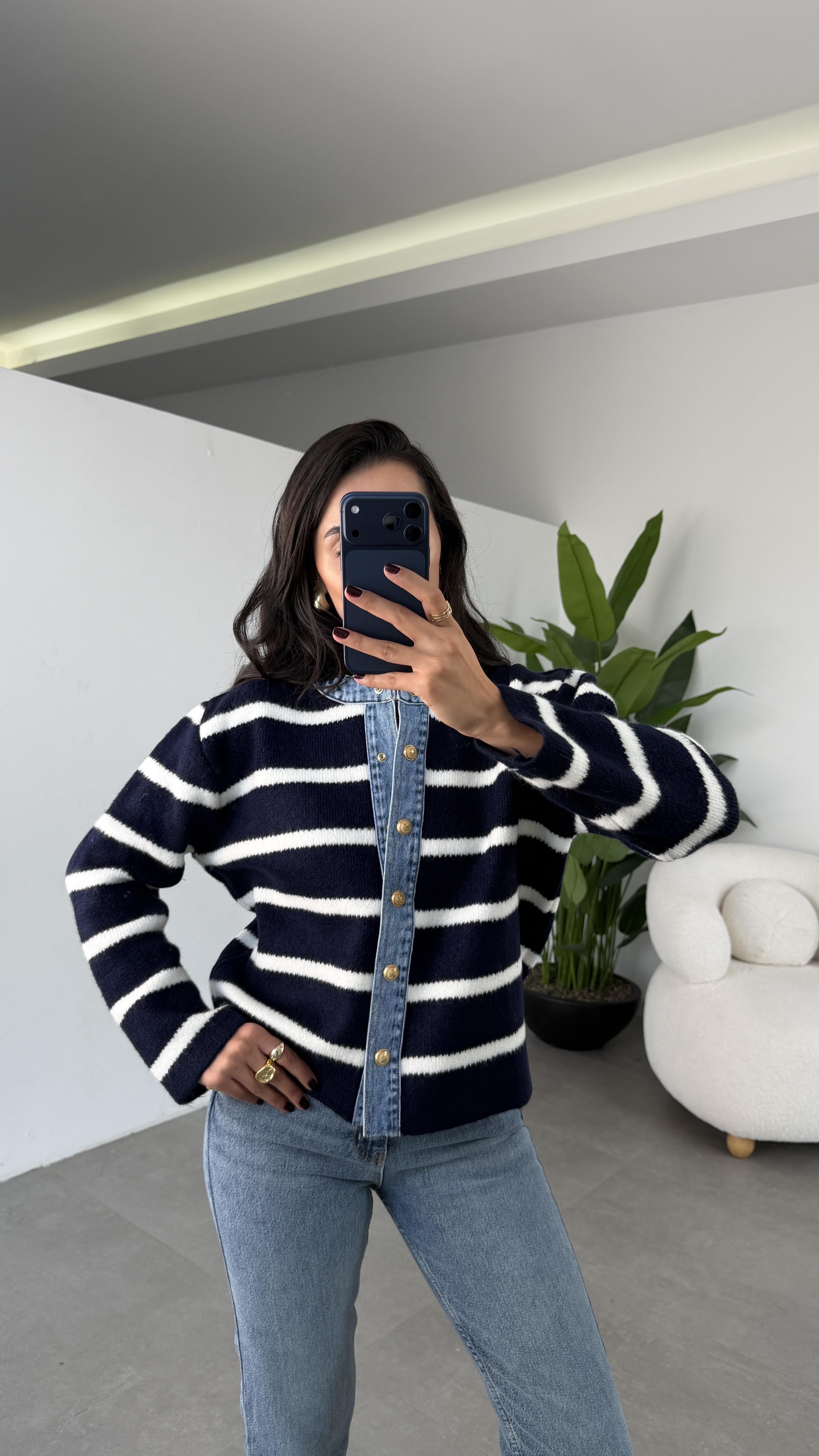 Lacivert Çizgili Kotlu Triko Hırka