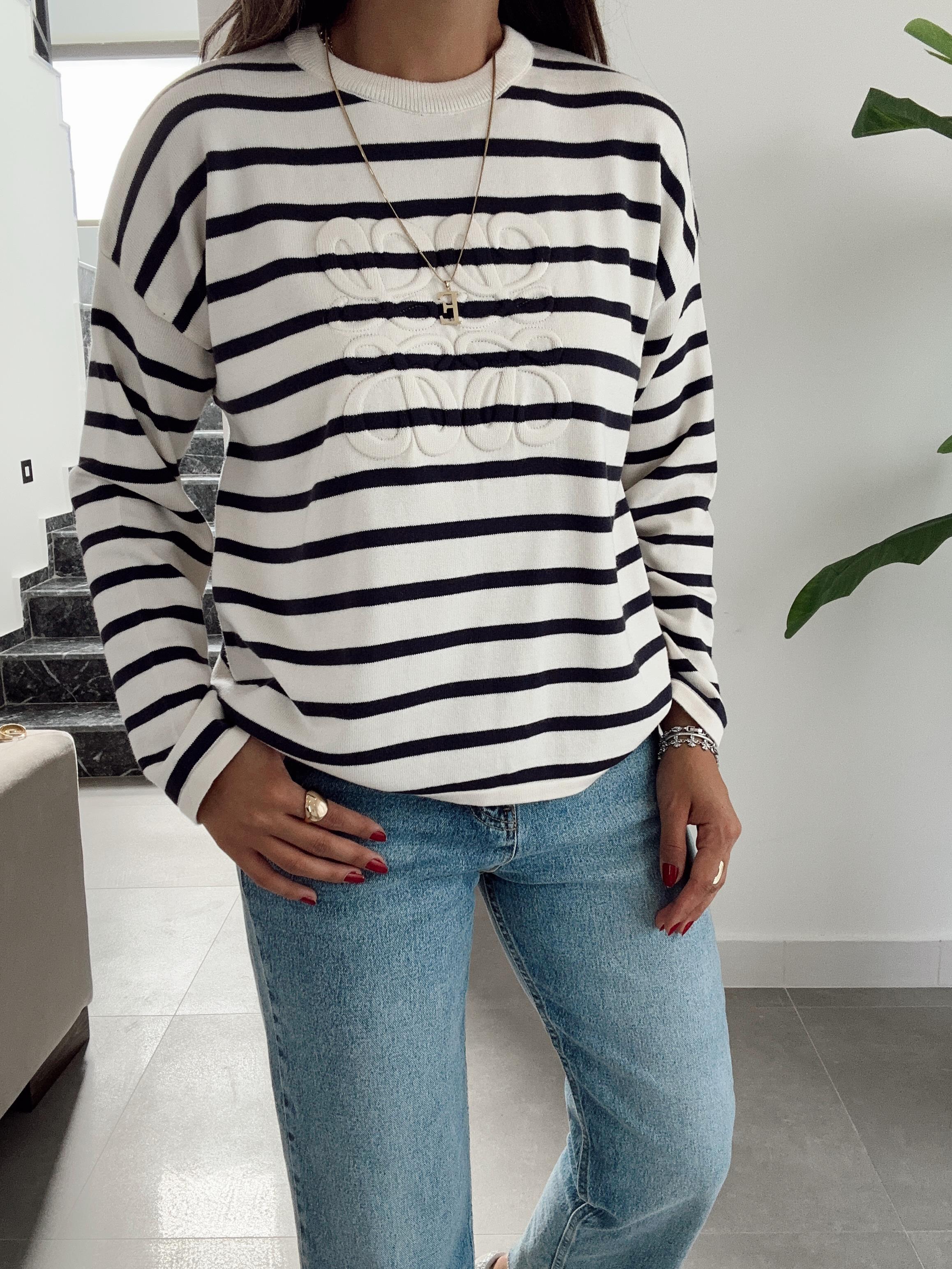 Lacivert Çizgili Nakışlı Kazak