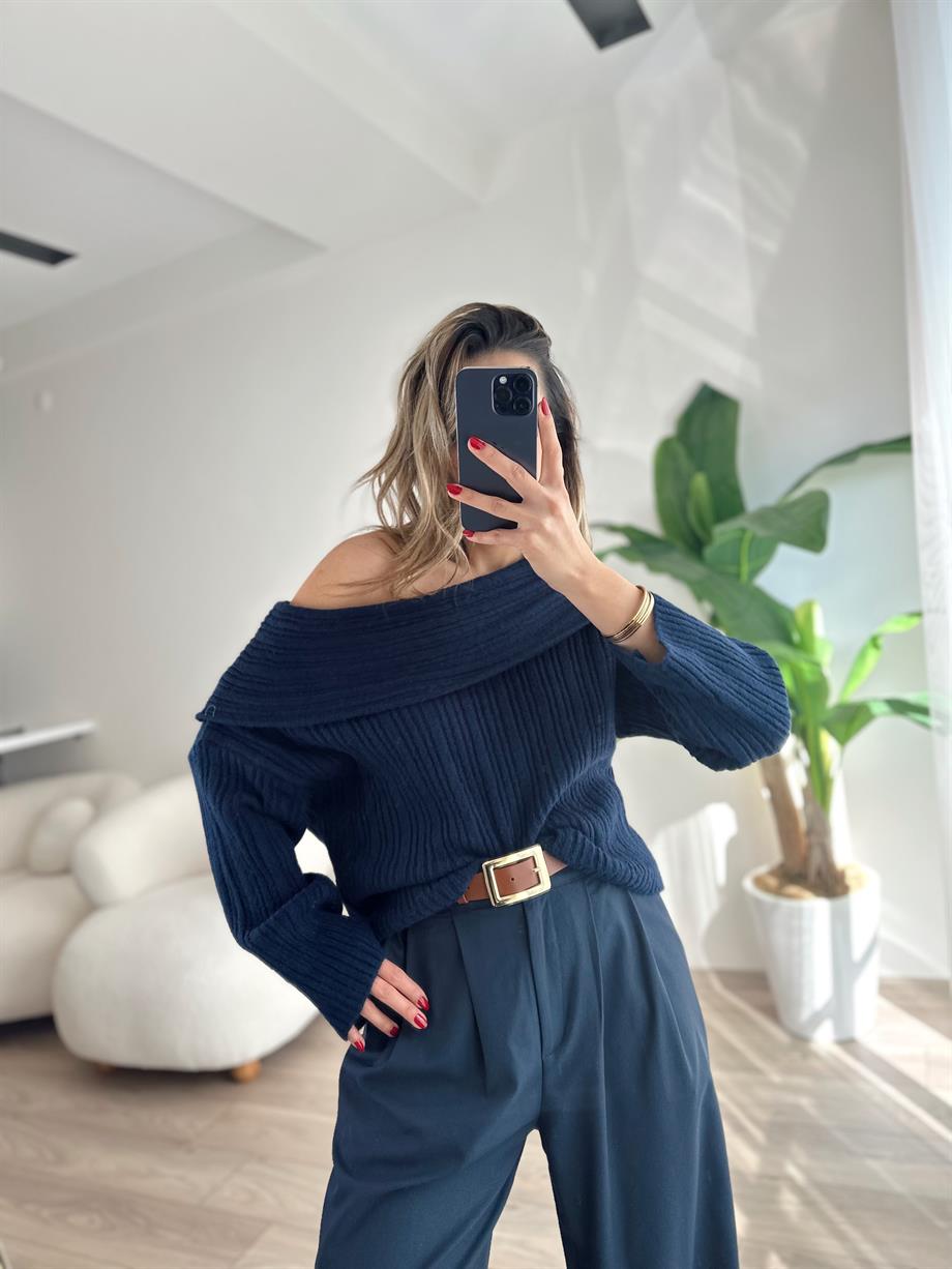 Lacivert Degaje Yaka Fitilli Kazak