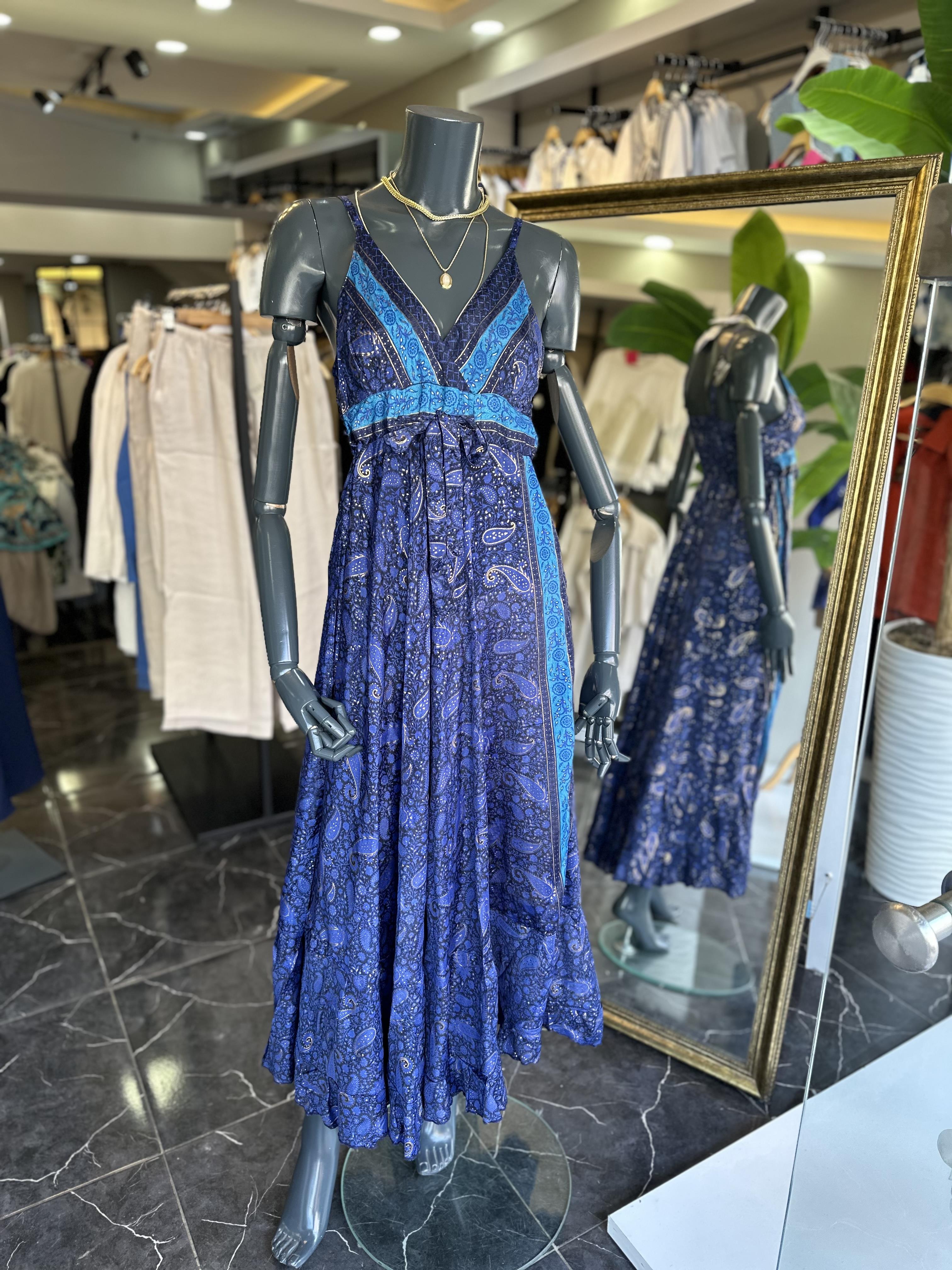 Lacivert Desenli İthal Elbise