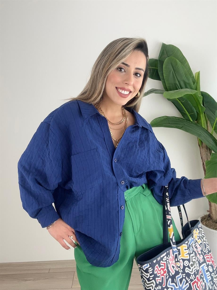 Lacivert Dikiş Detaylı Oversize Gömlek