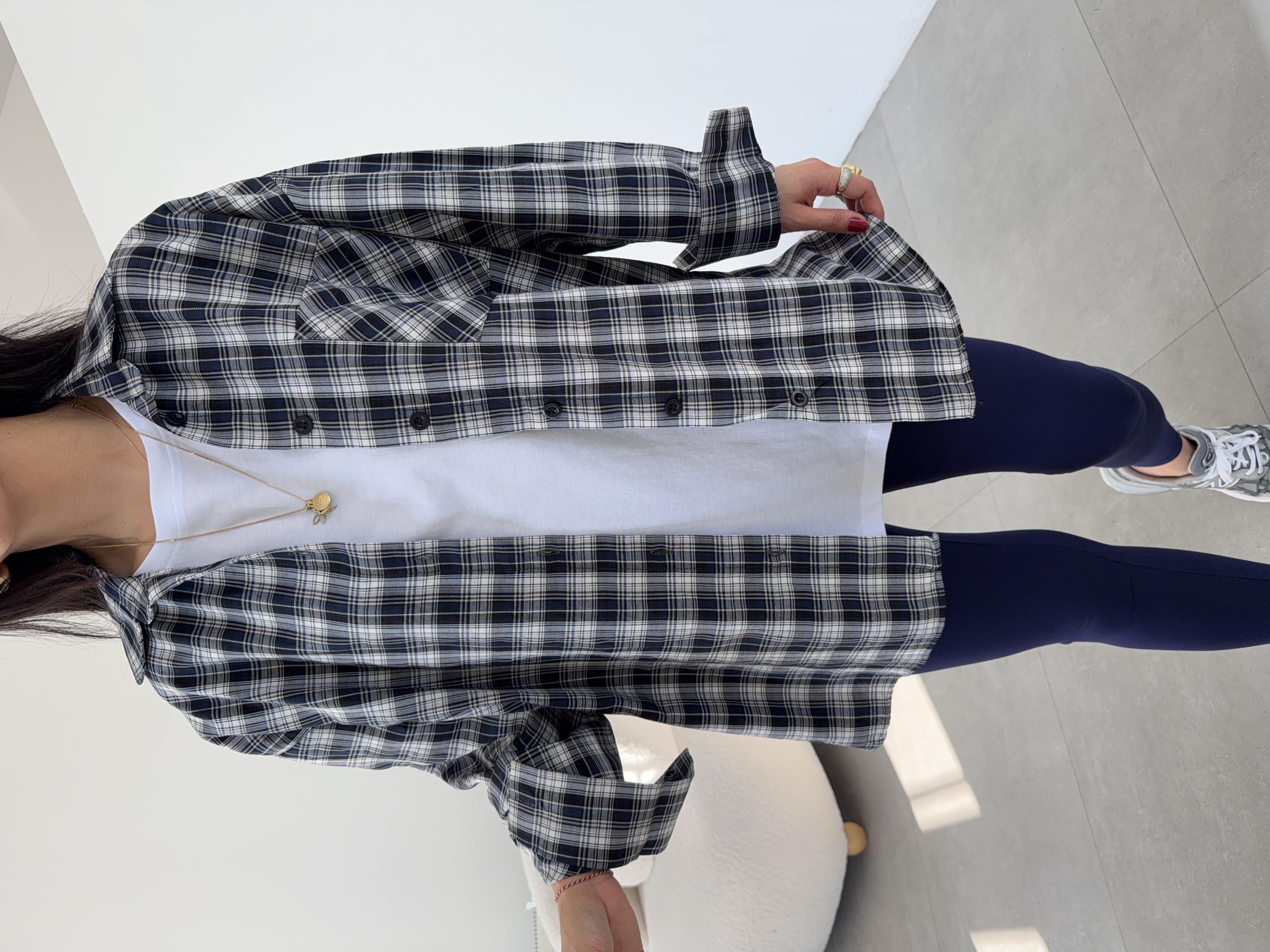 Lacivert Ekose Pamuk Oversize Gömlek