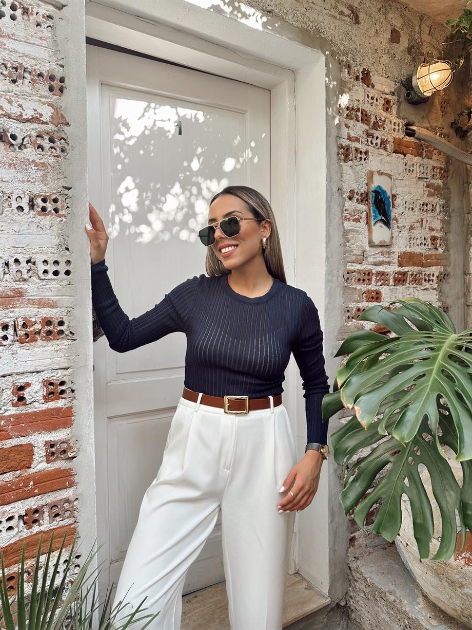 Lacivert Fitilli Ajurlu Triko Kazak