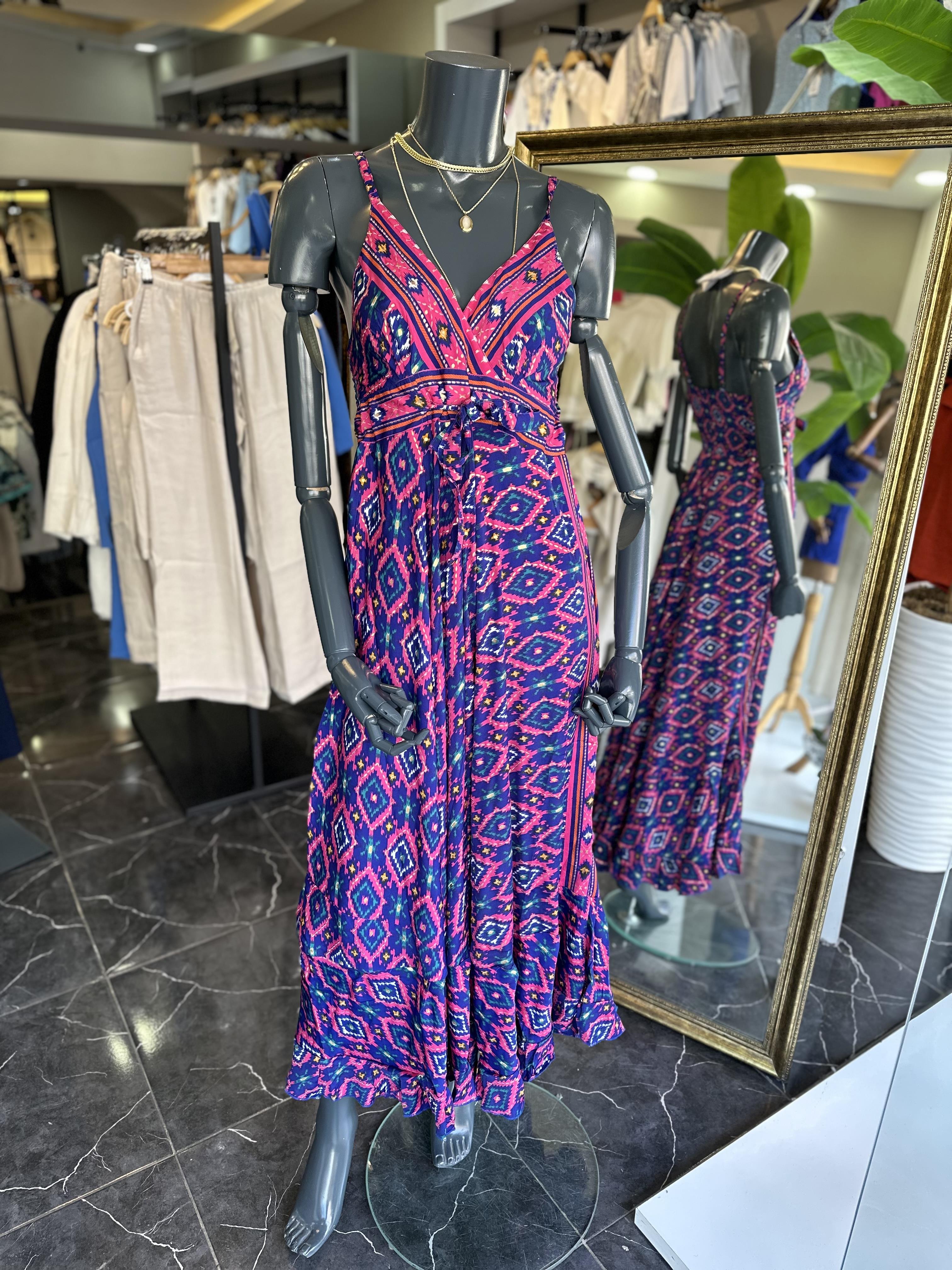 Lacivert-Fuşya İthal  Elbise