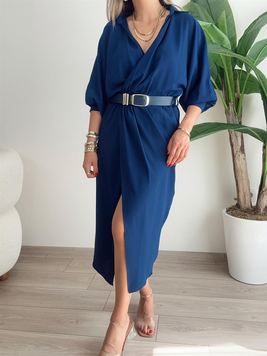 Lacivert Kemerli Dokuma Elbise