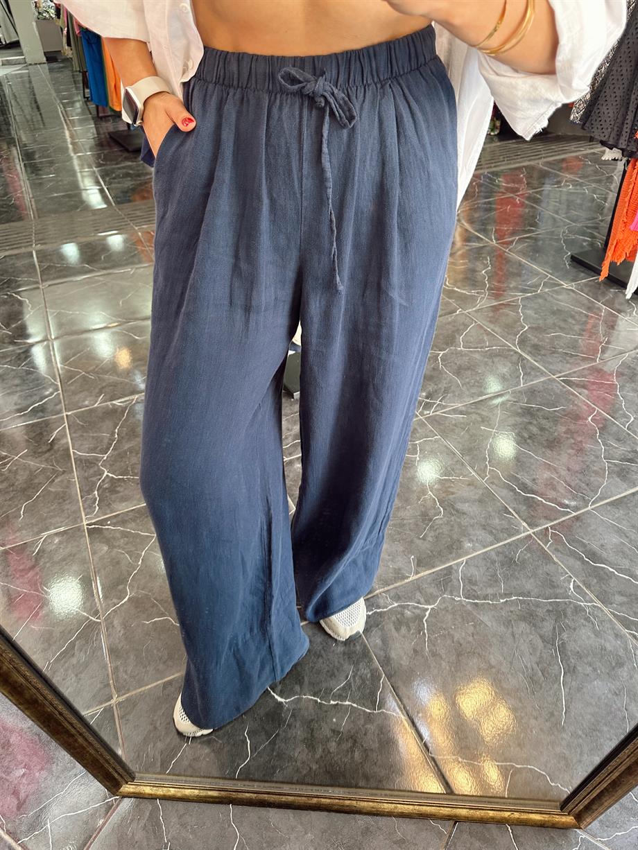 Lacivert Keten Bol Paça Pantolon