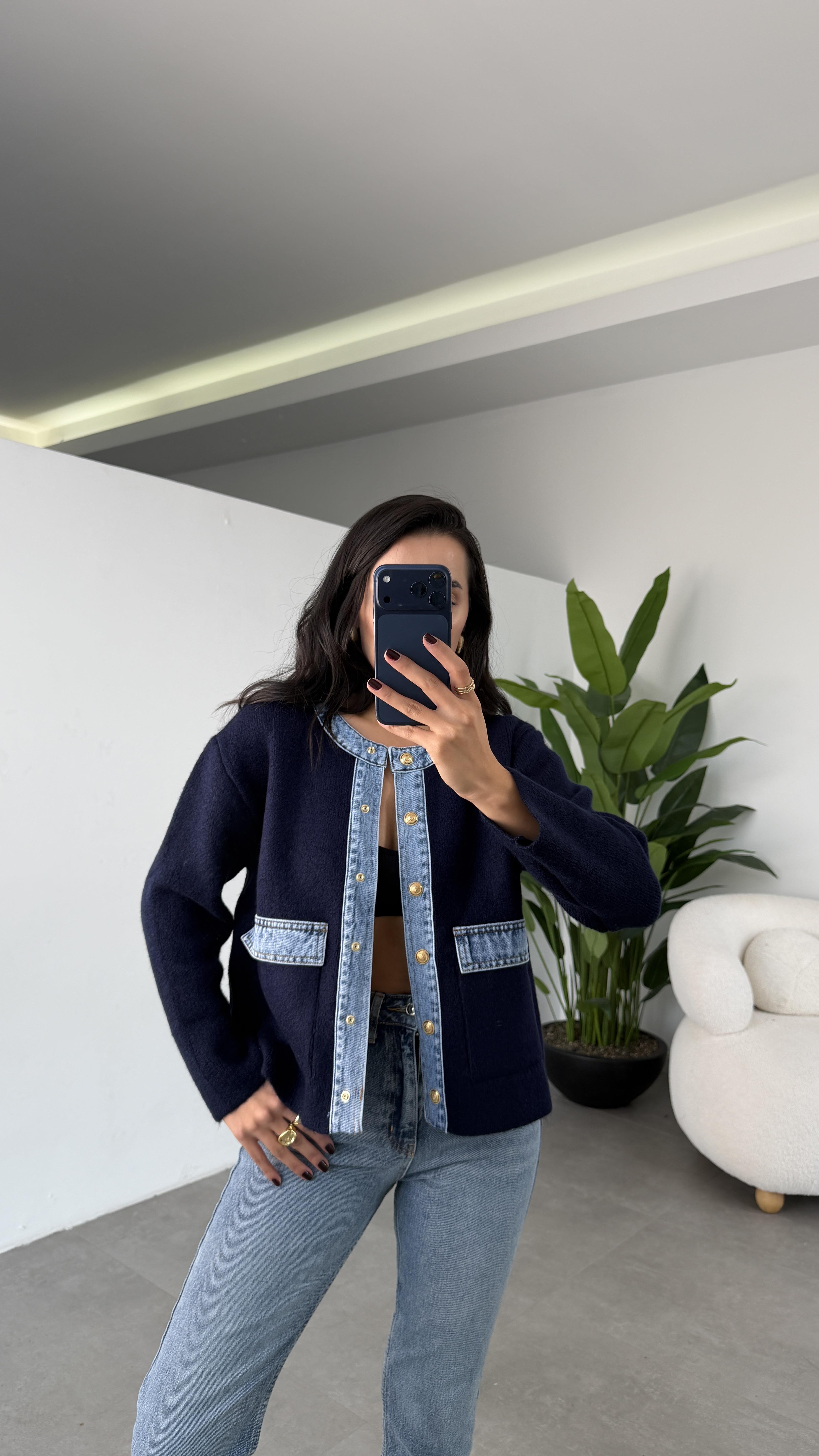 Lacivert Kot Garnili Triko Hırka