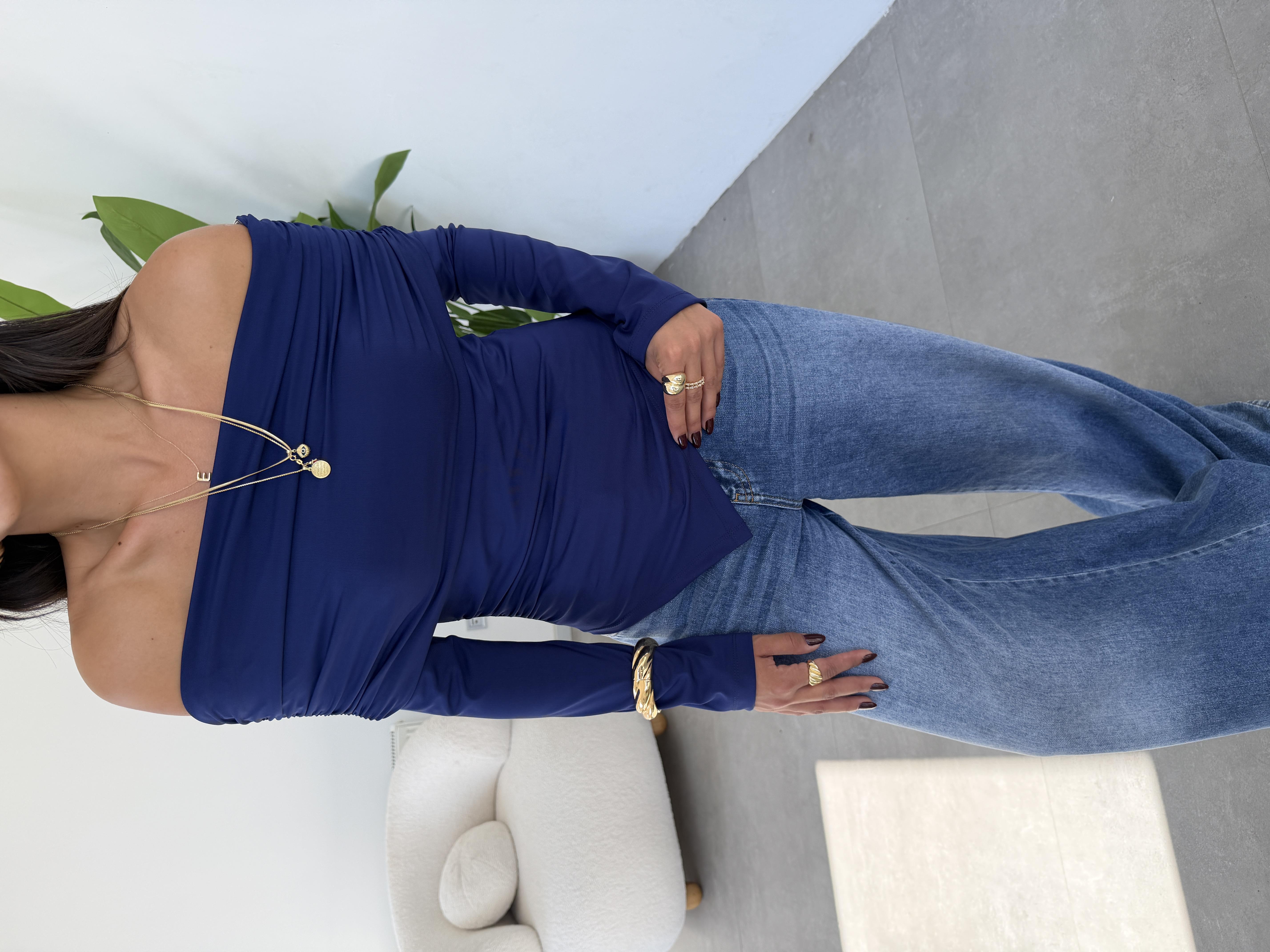 Lacivert Madonna Yaka Asimetrik Bluz