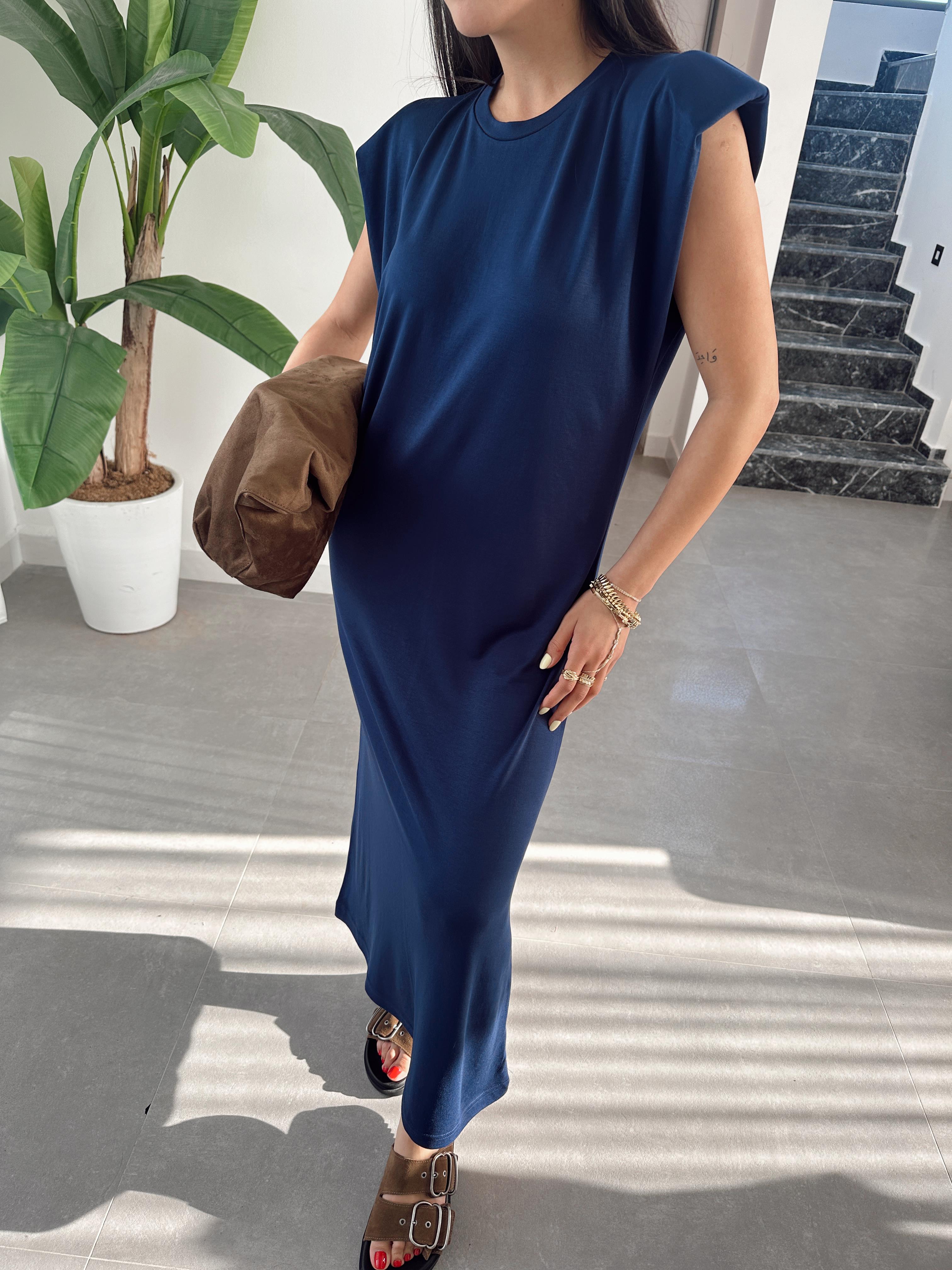 Lacivert Modal Kumaş Bisiklet Yaka Vatkalı Elbise