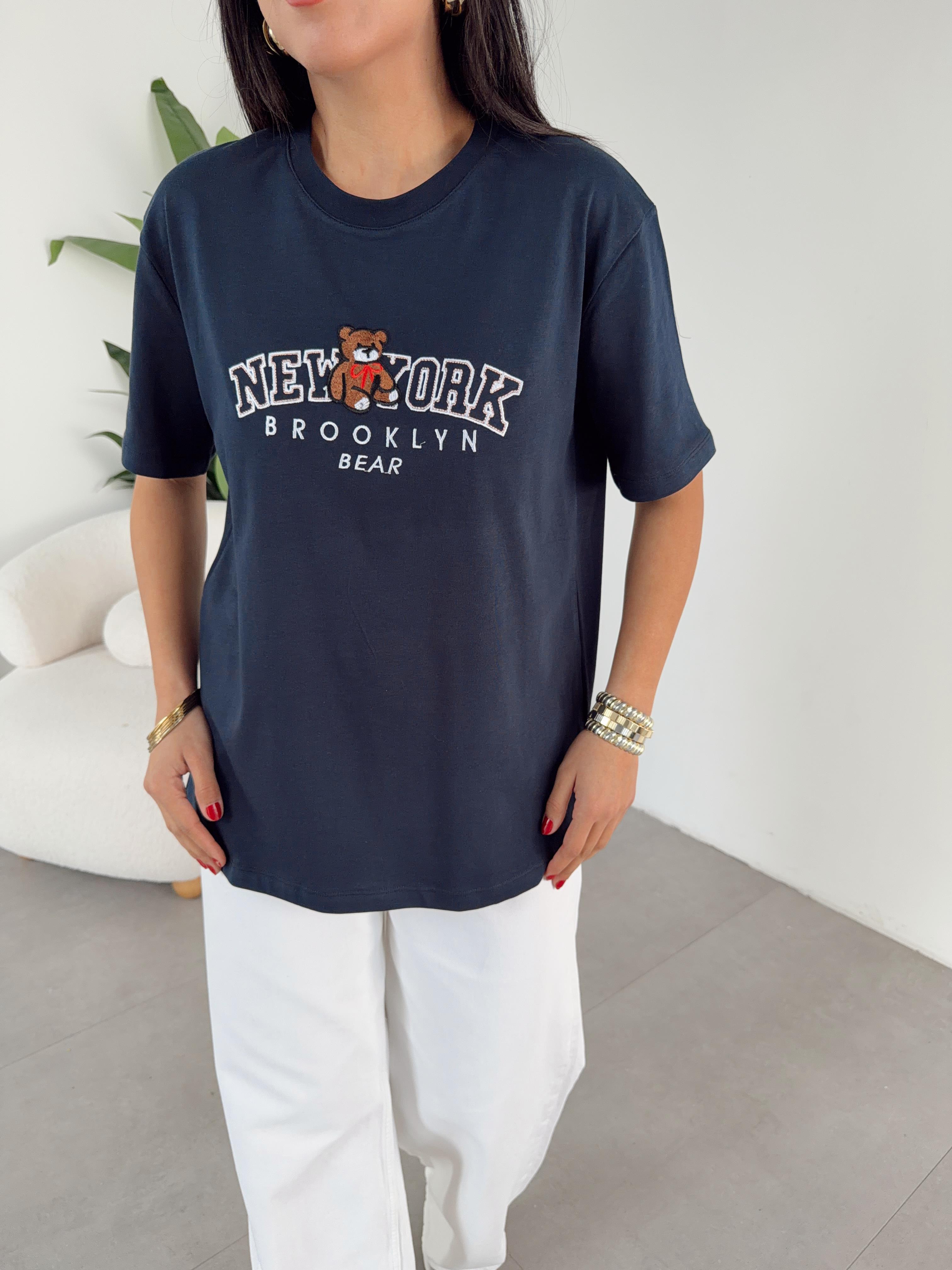 Lacivert Ny Teddy Nakışlı Bisiklet Yaka Tshirt