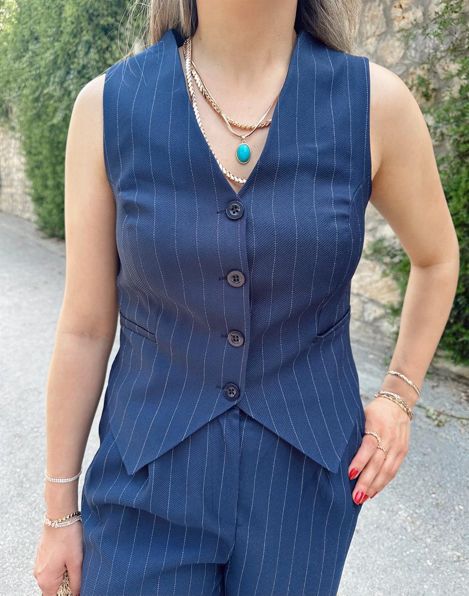 Lacivert Önü Düğmeli Kısa Yelek