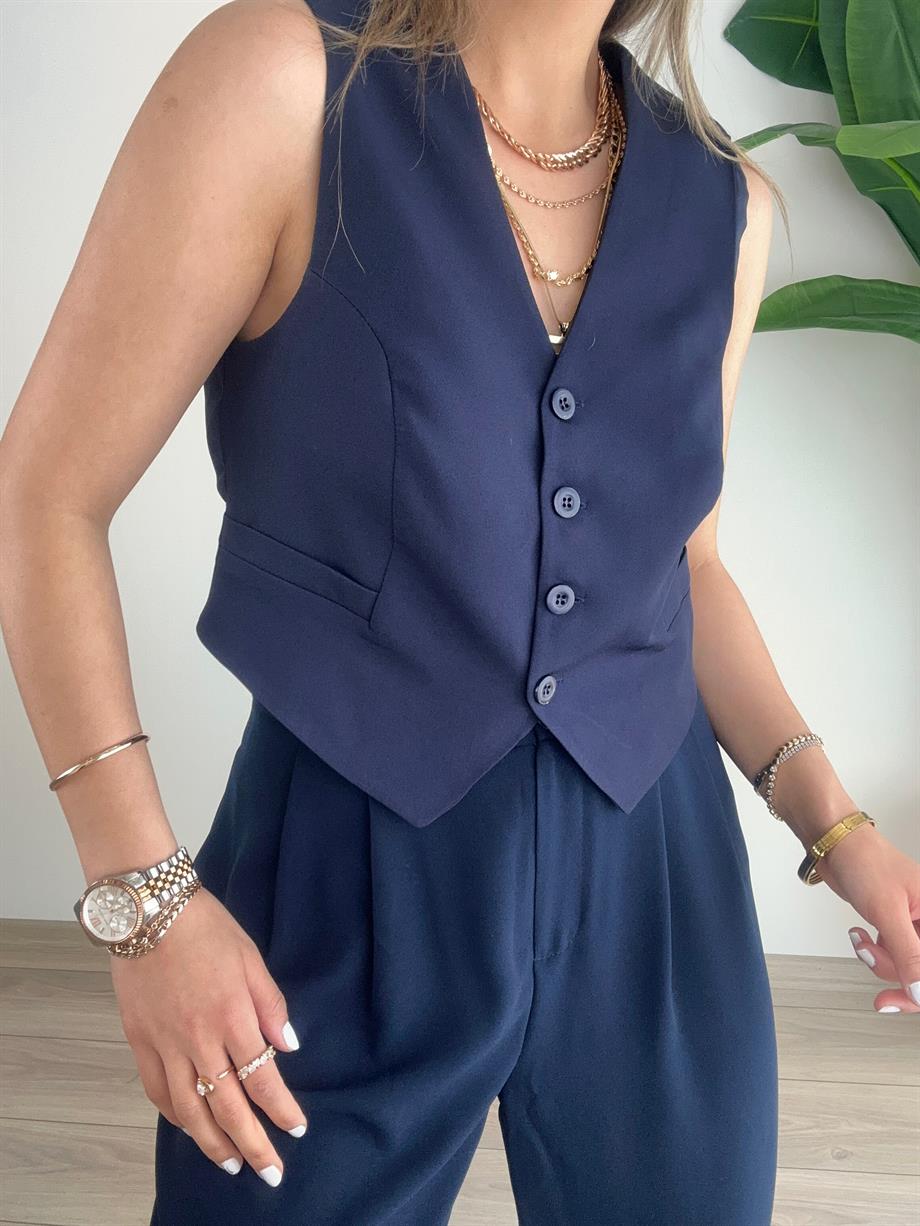 Lacivert Önü Düğmeli Kısa Yelek