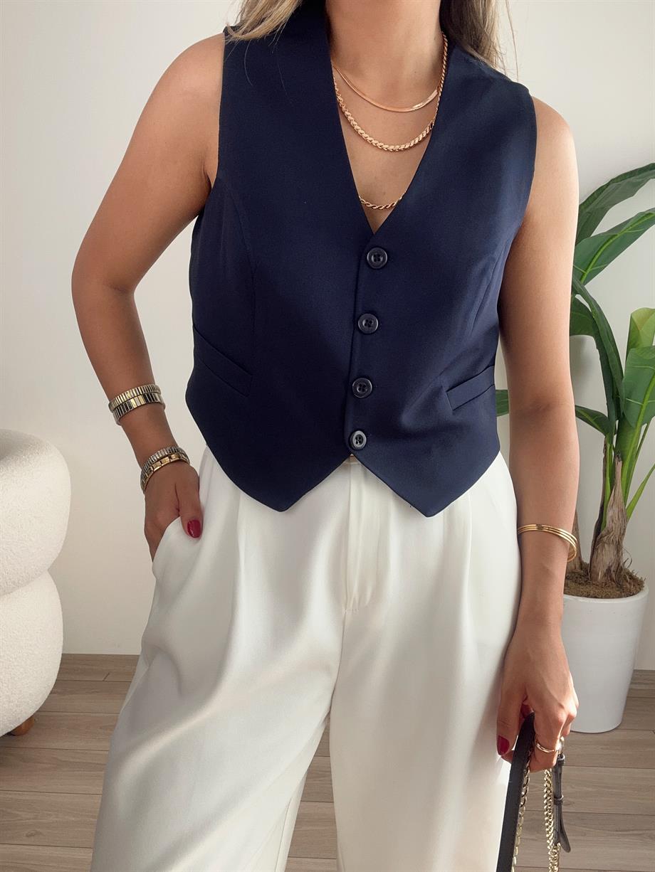 Lacivert Önü Düğmeli Kısa Yelek
