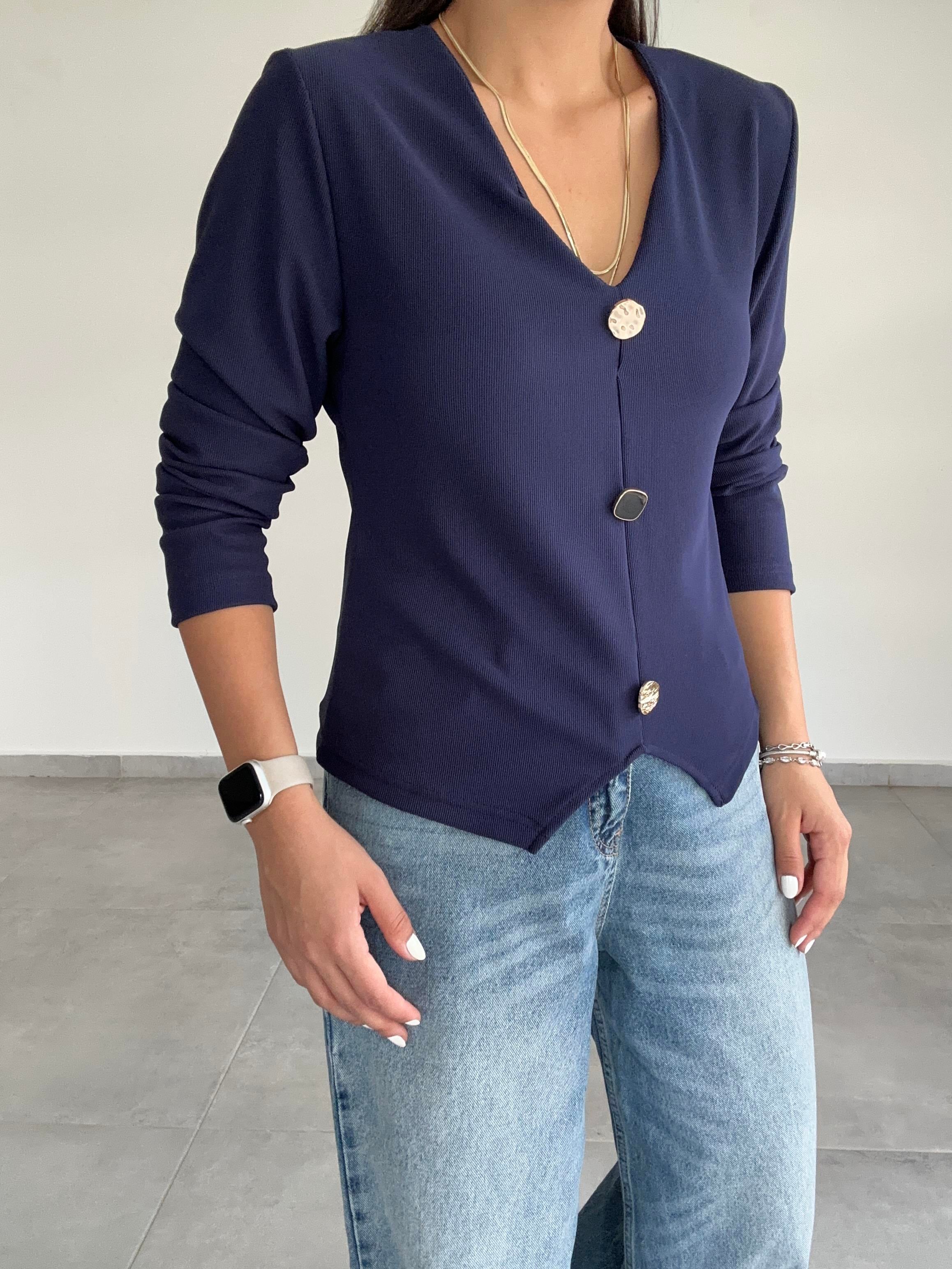 Lacivert Ottoman Gold Düğmeli Bluz