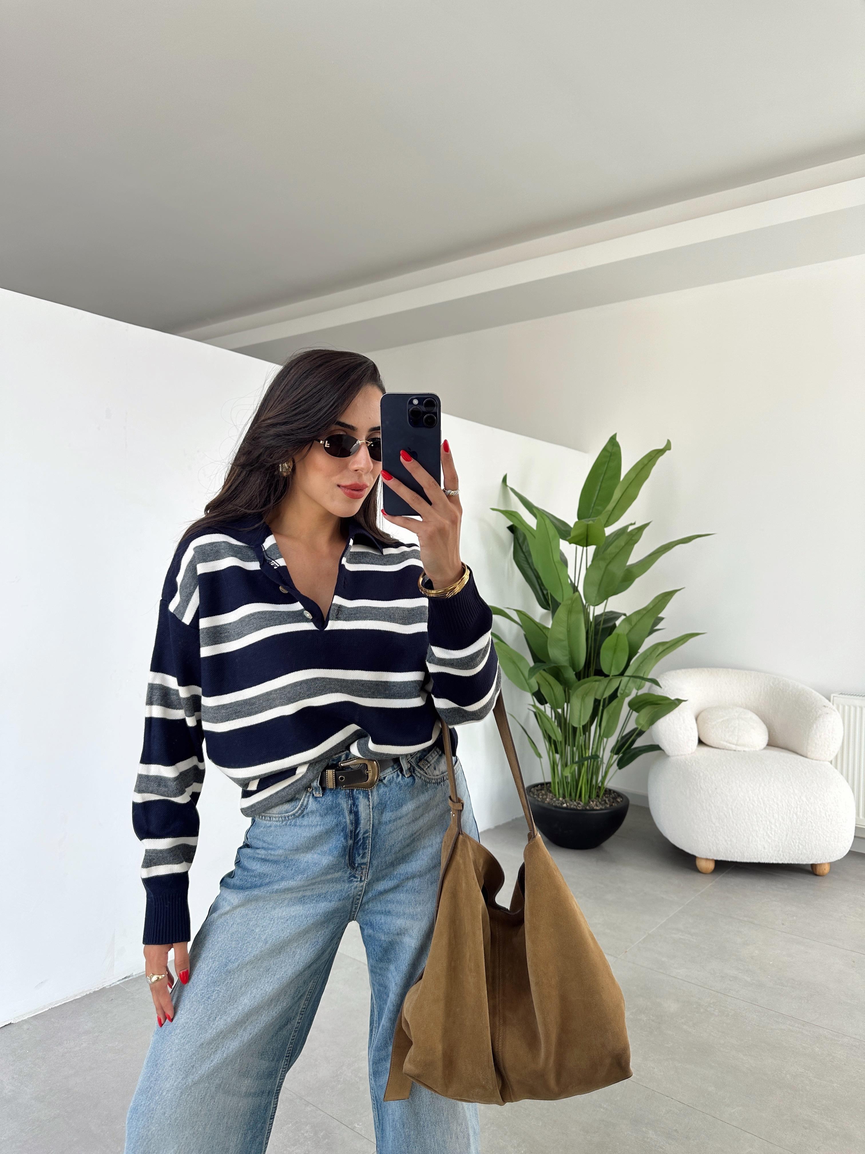 Lacivert Polo Yaka Uzun Kol Kazak