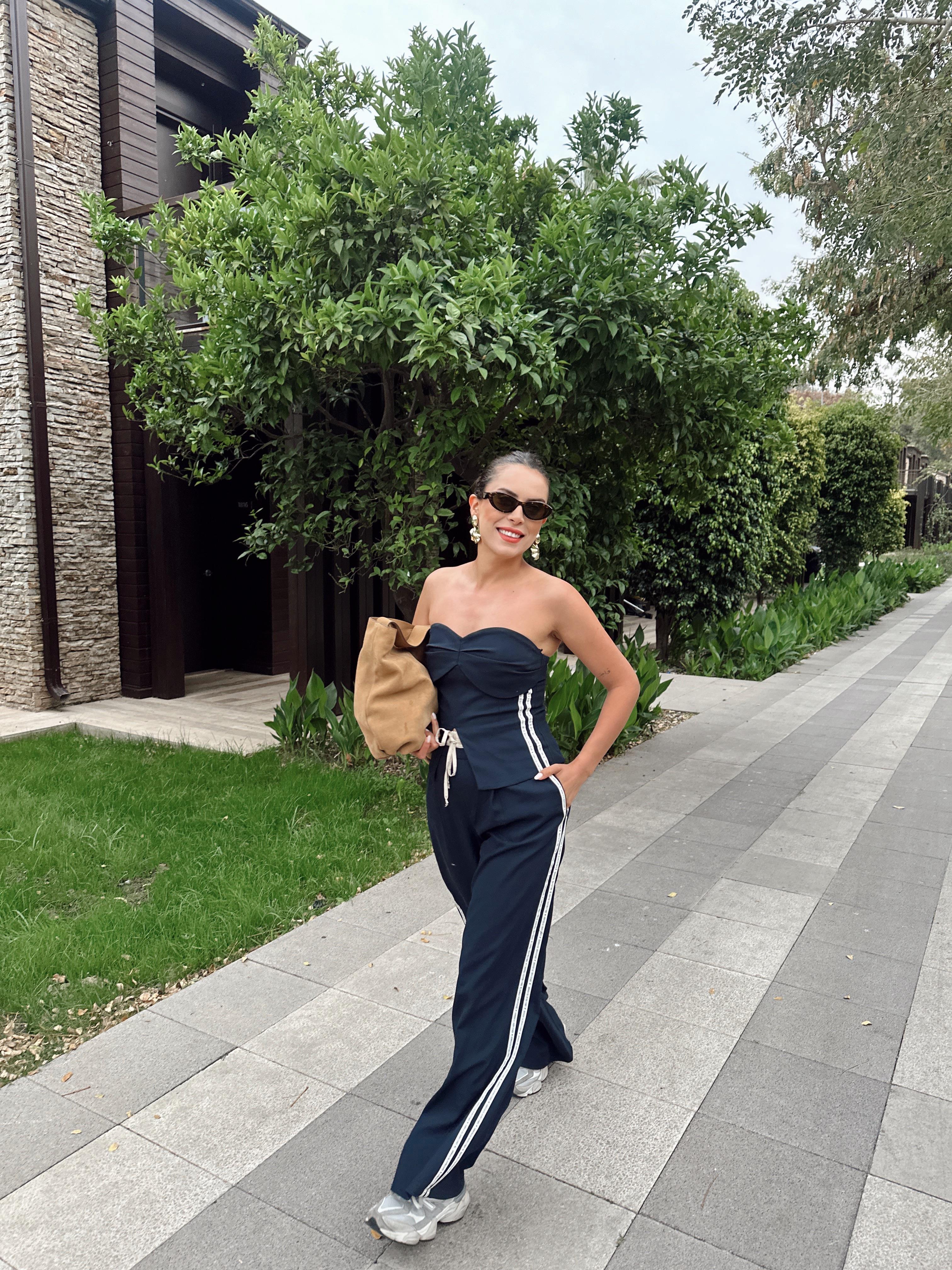 Lacivert Straplez Bluz  Pantolon Takım