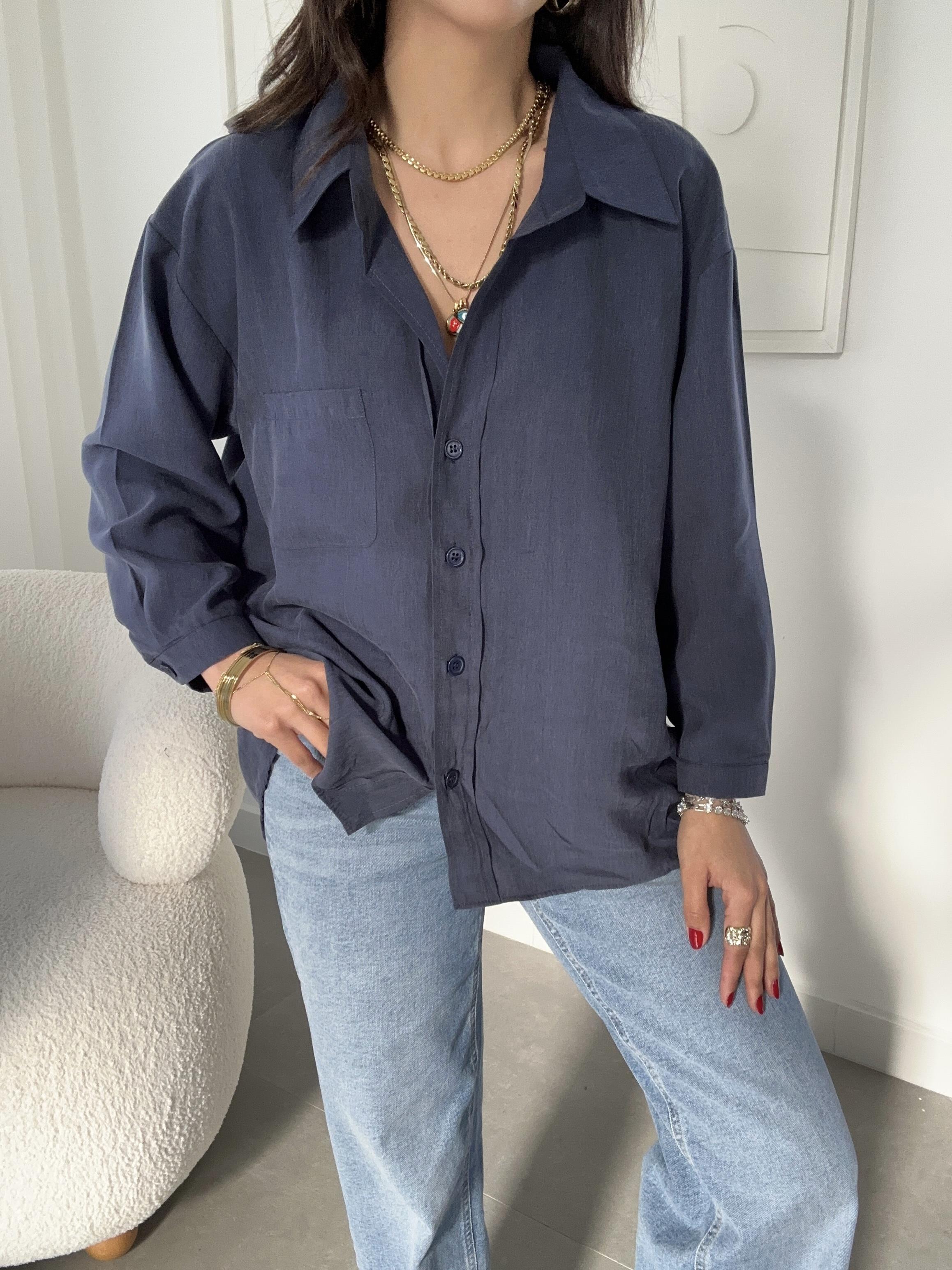 Lacivert Tek Cep Oversize Gömlek