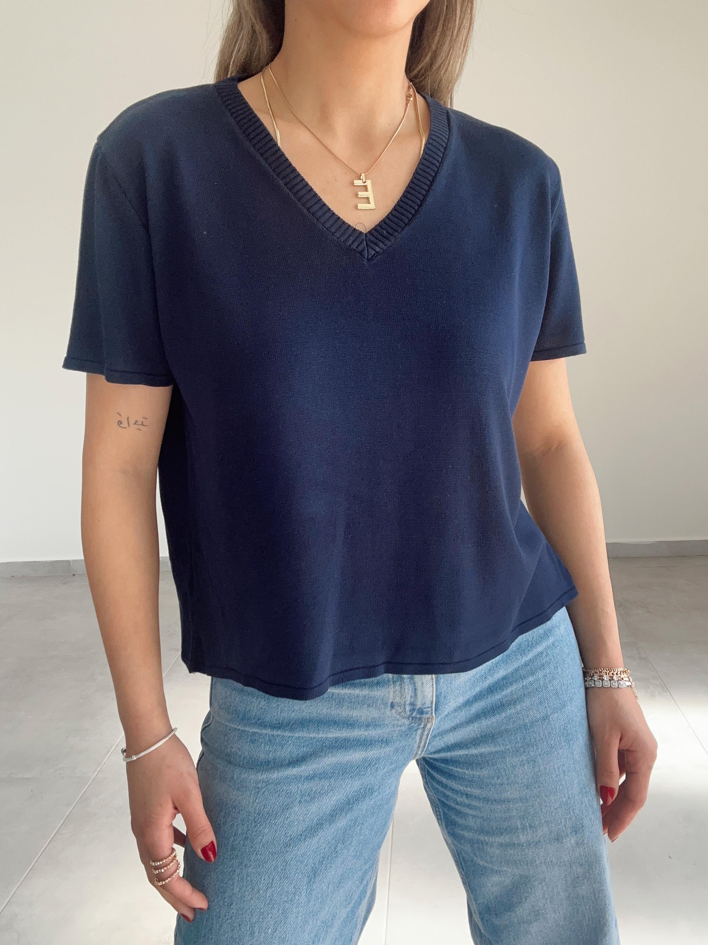 Lacivert V Yaka Kısa Kol Triko