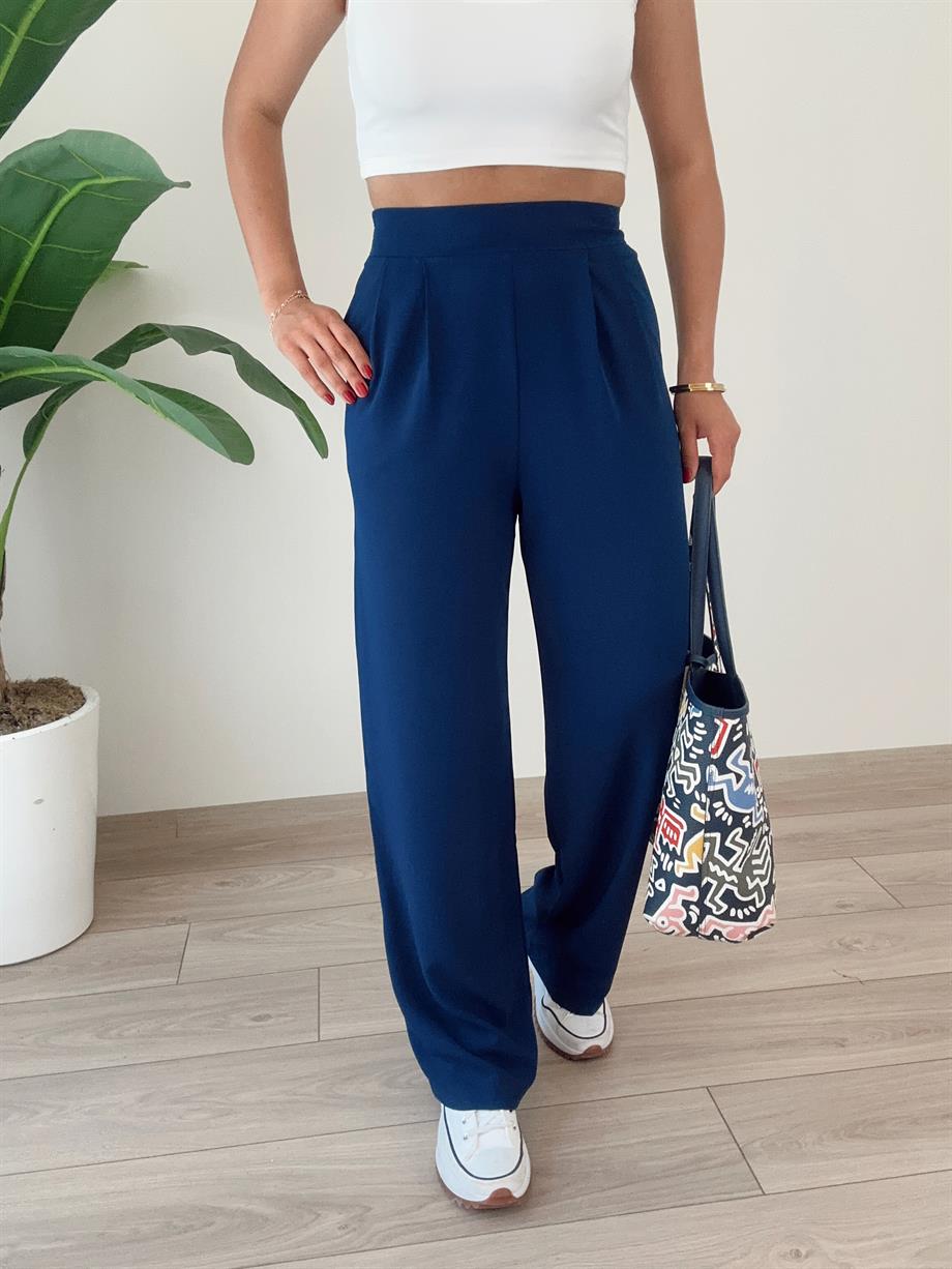 Lacivert Yandan Fermuarlı Pileli Palazzo