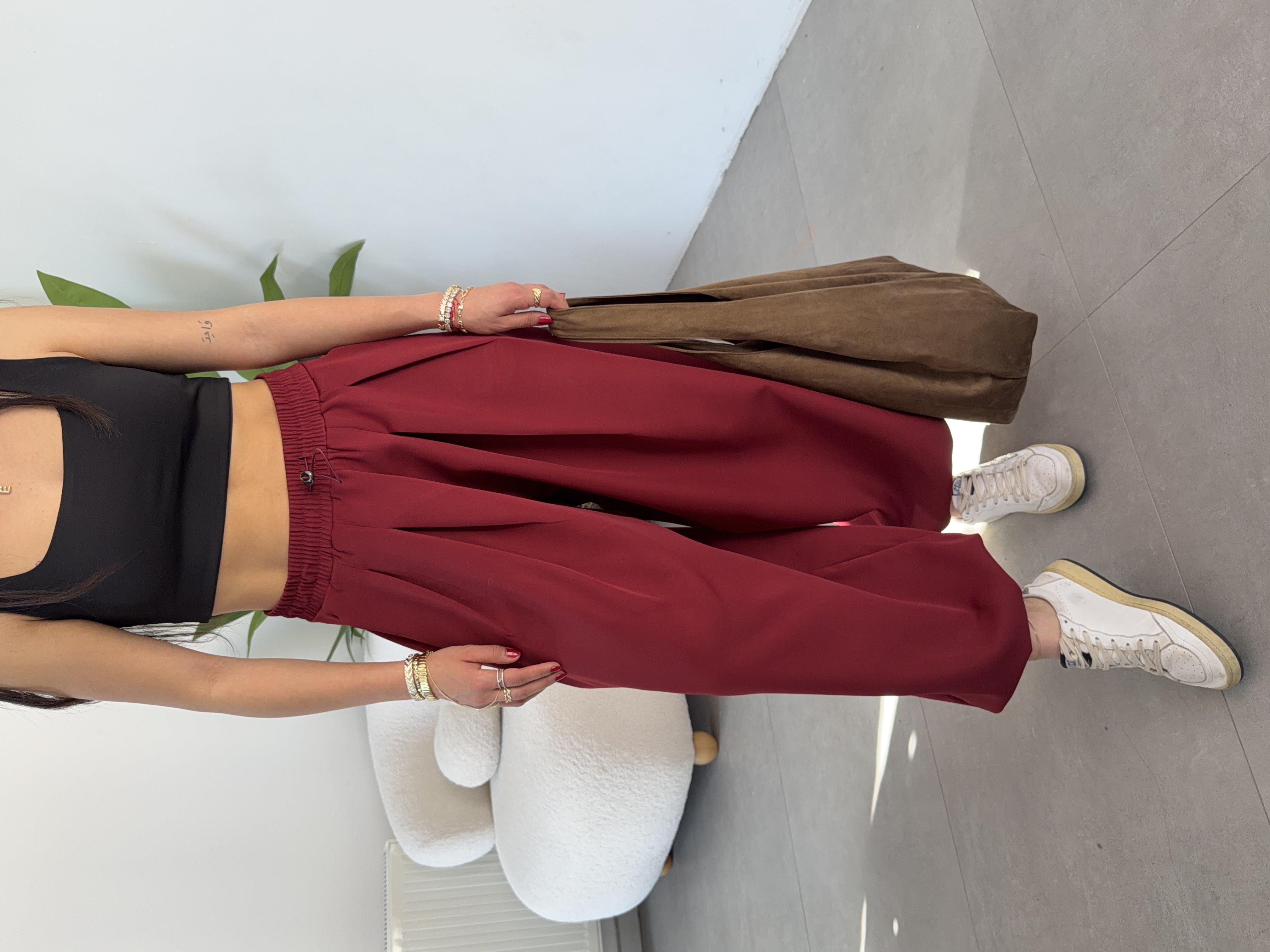 Ledia Bordo Dabıl Pileli Paçası Lastikli Pantolon