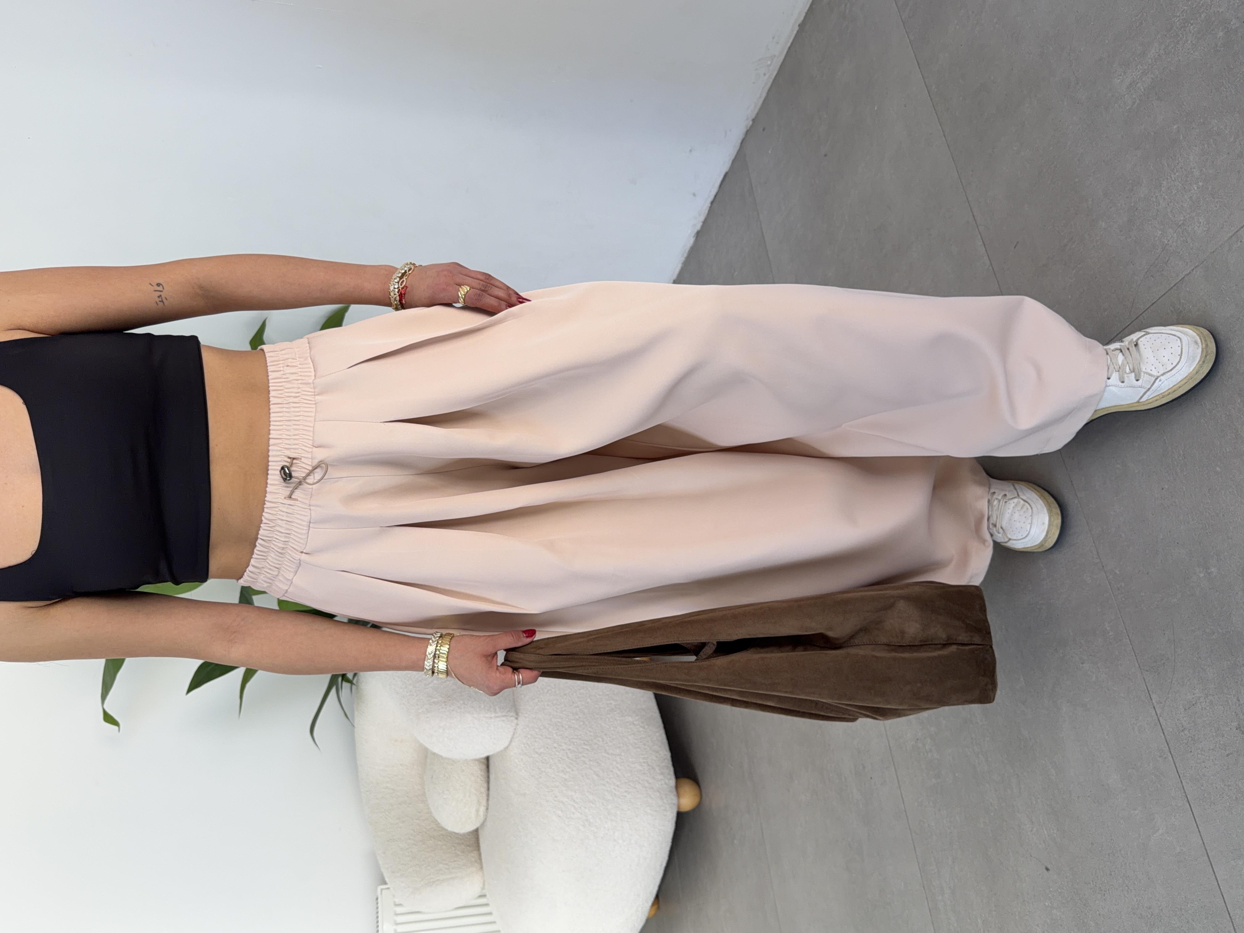 Ledia Ekru Dabıl Pileli Paçası Lastikli Pantolon