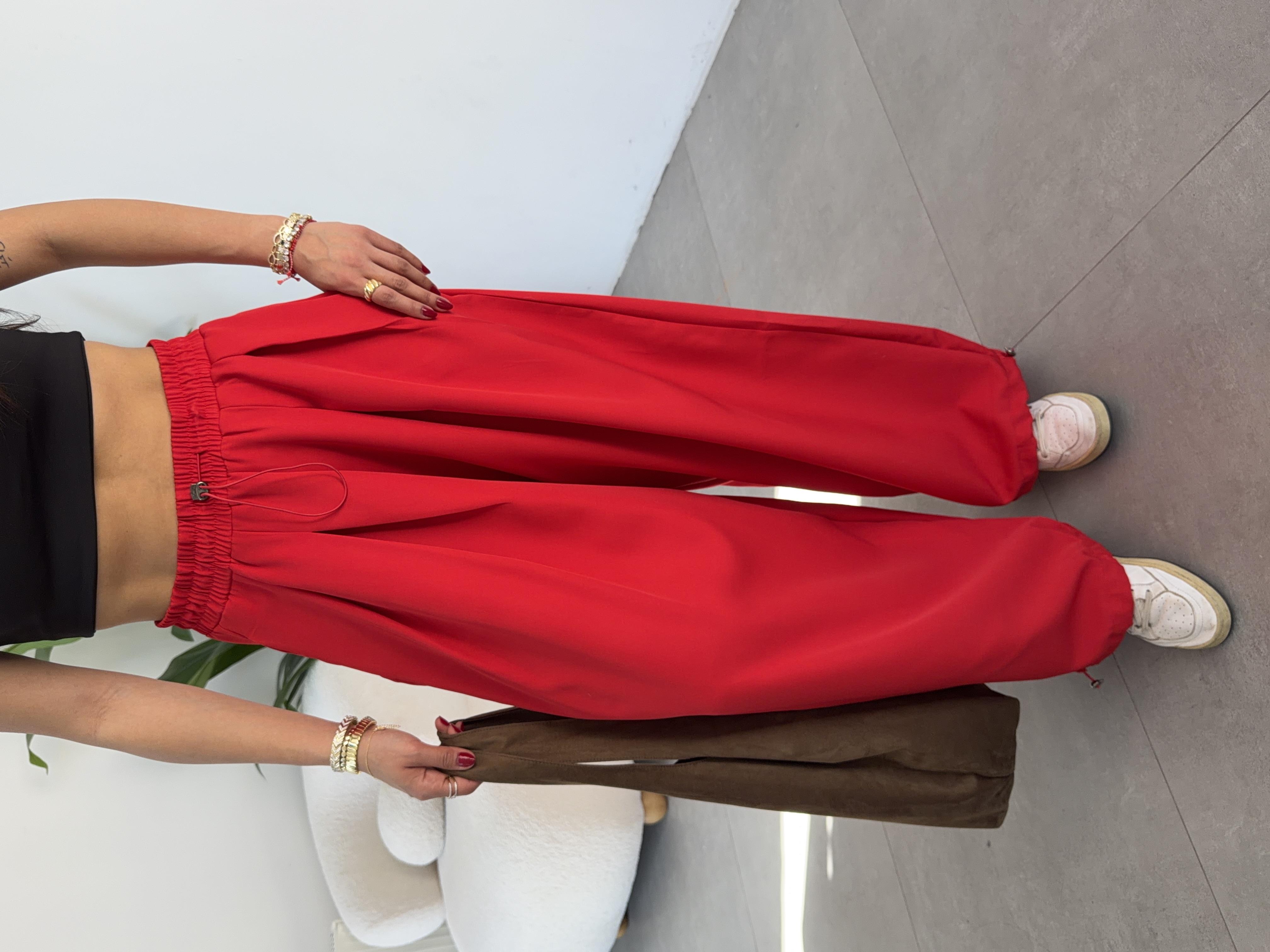 Ledia Kırmızı Dabıl Pileli Paçası Lastikli Pantolon