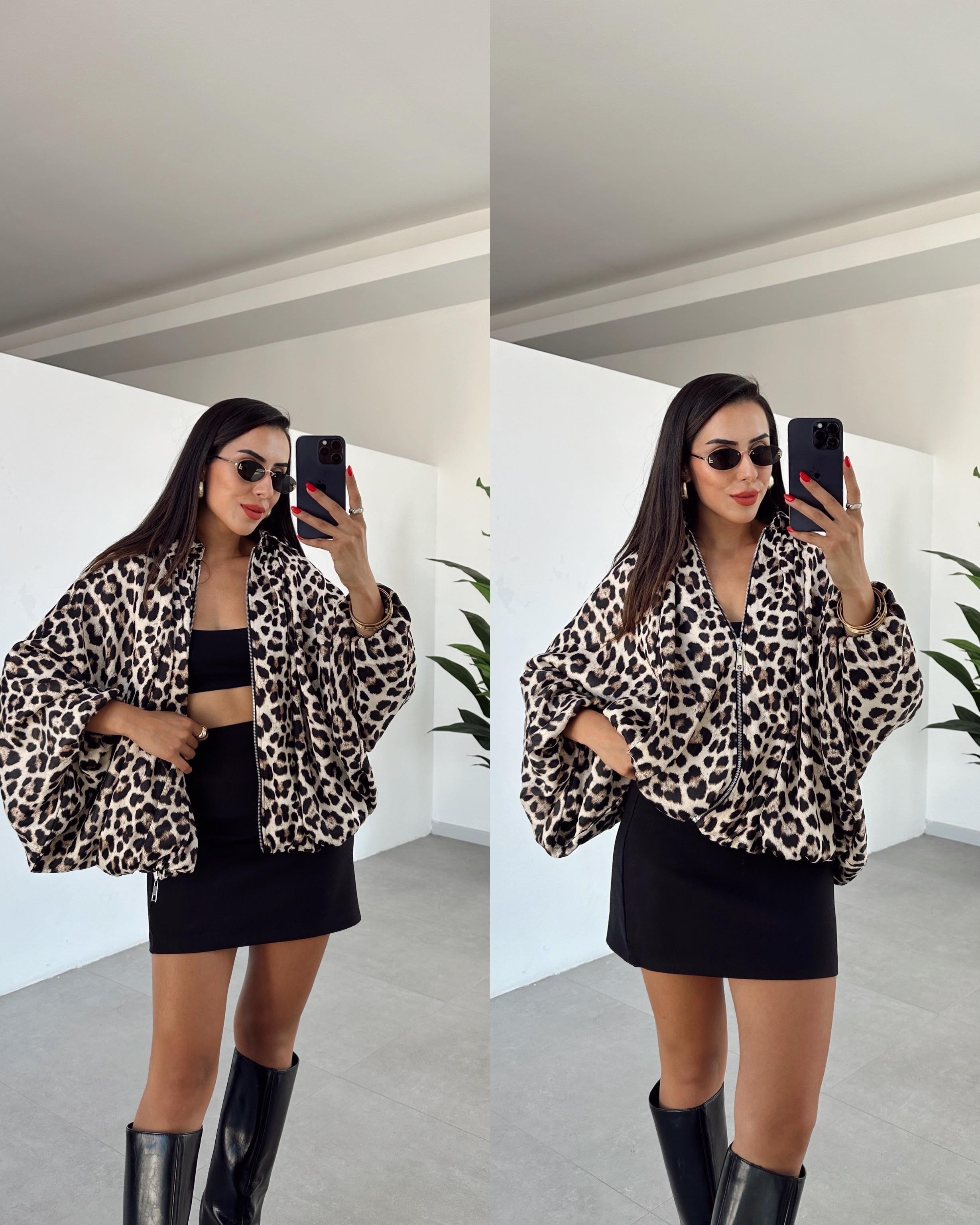 Leopar Desenli Balon Kol Ceket