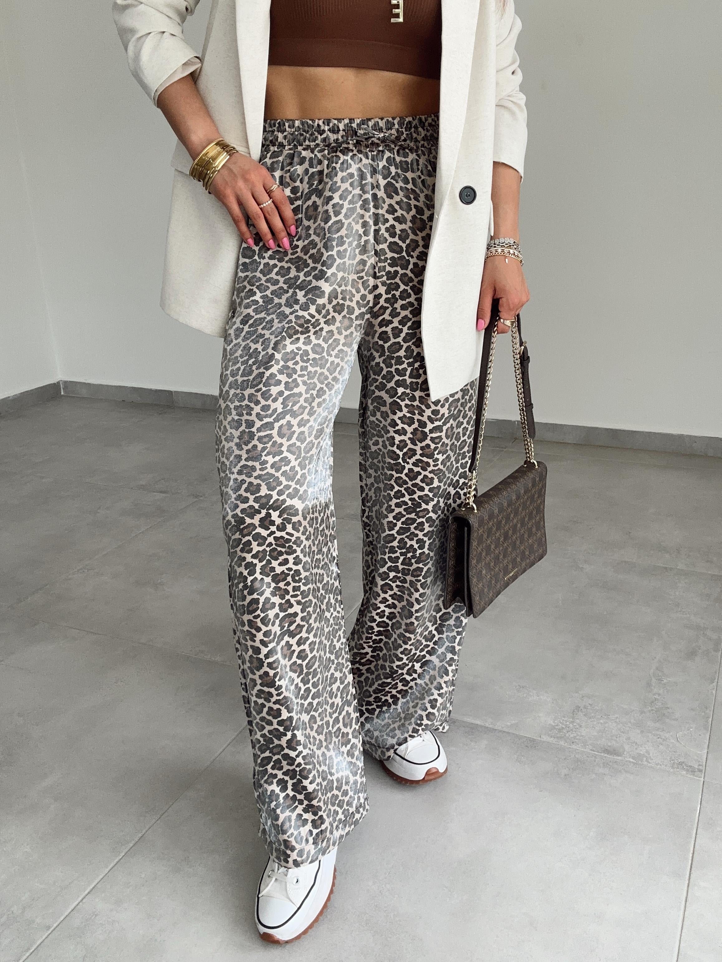 Leopar Desenli Beli Lastikli Pantolon