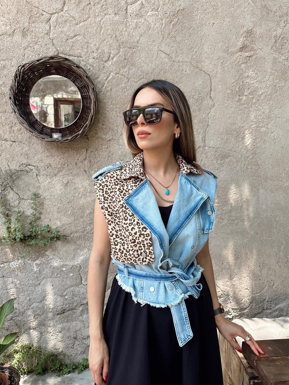 Leopar Desenli Kot Yelek