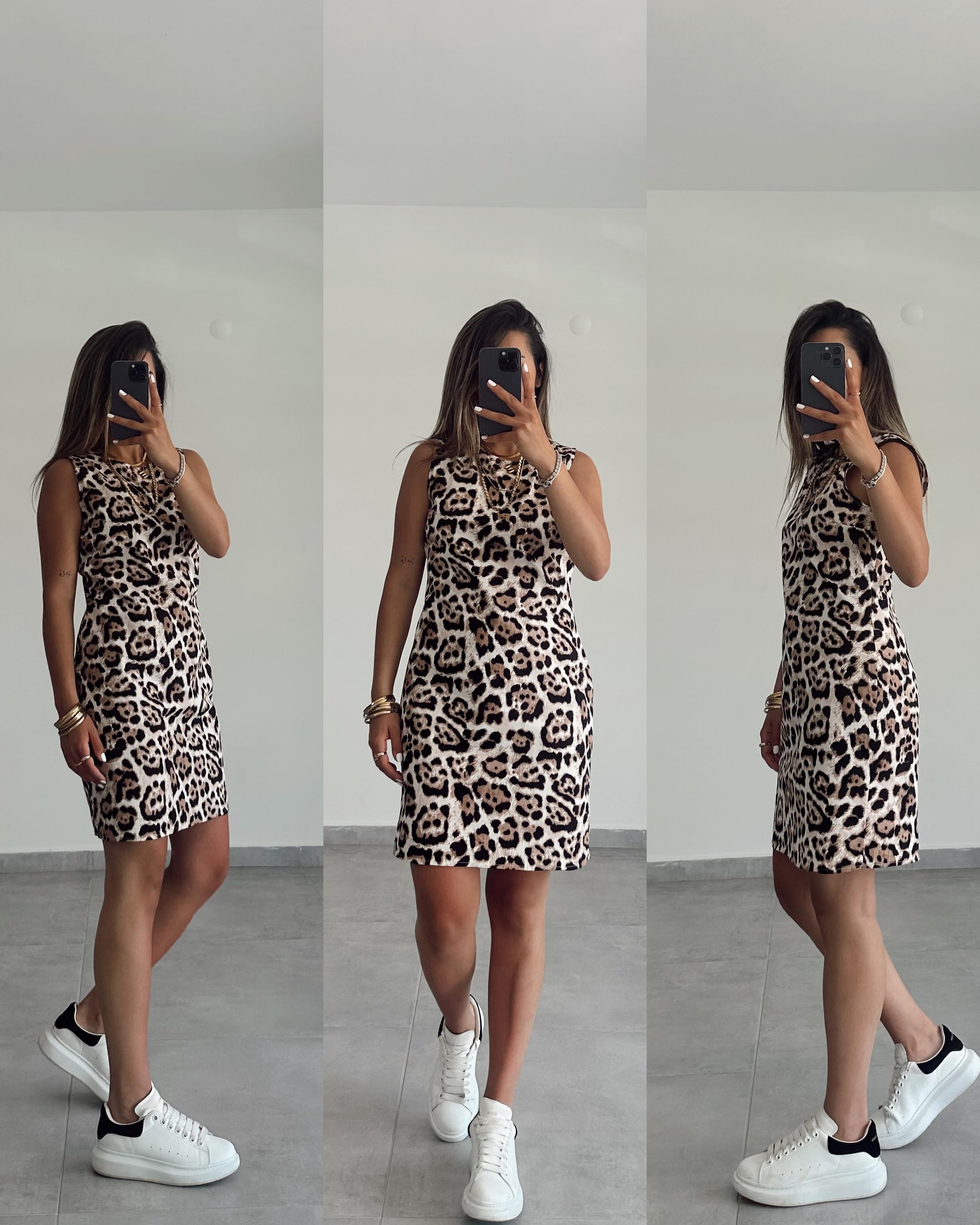 Leopar Desenli Mini Elbise