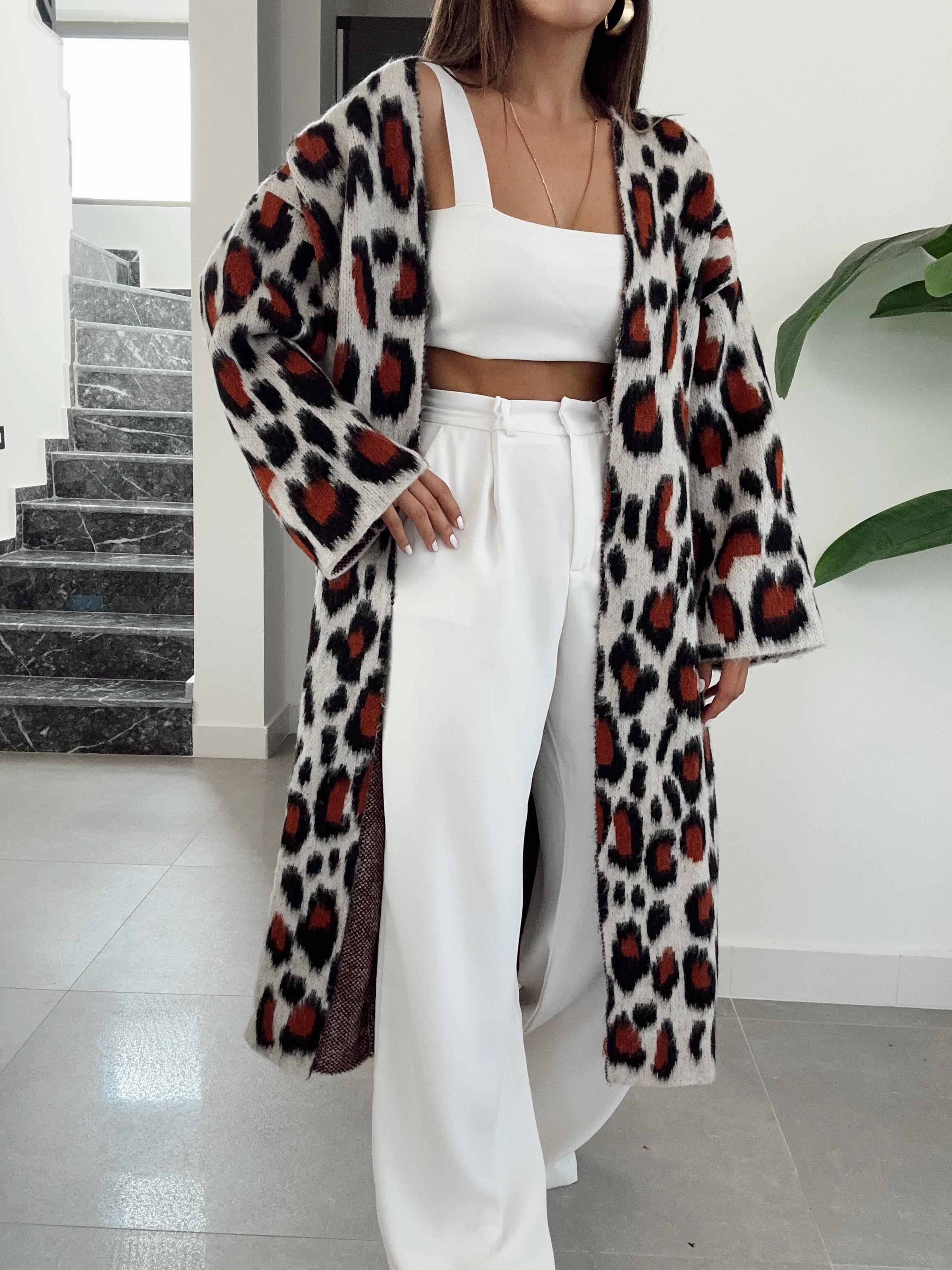 Leopar Desenli Uzun Hırka