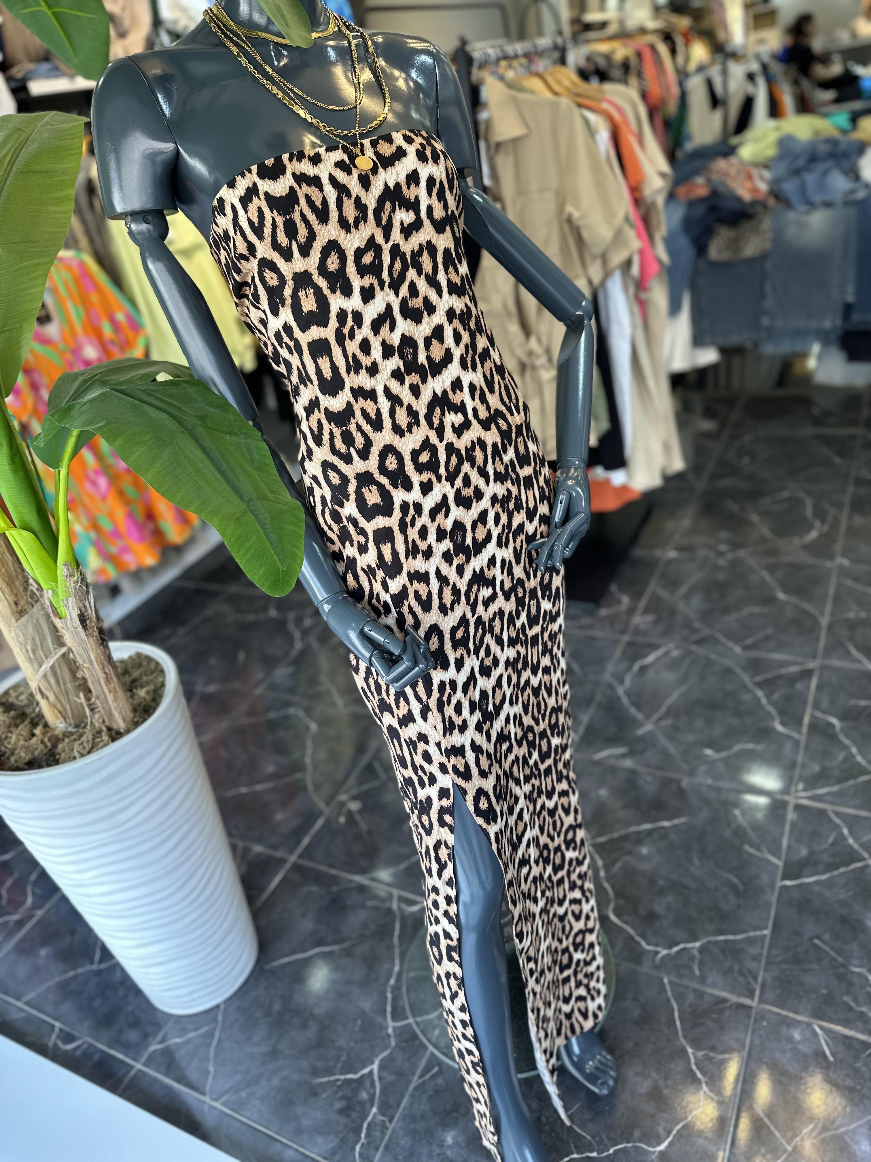 Leopar Straplez Uzun Elbise