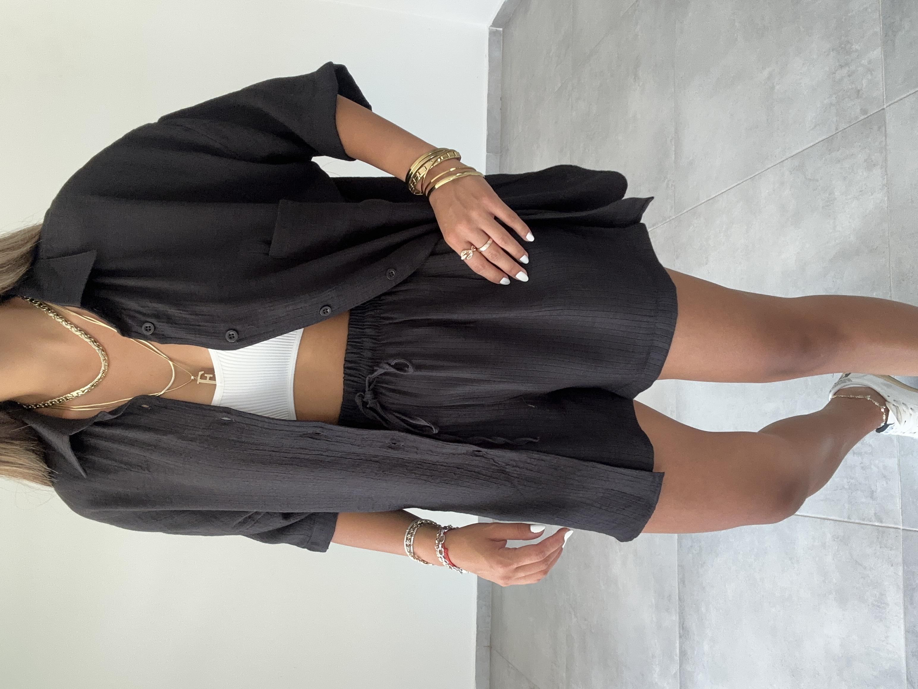 Licardi Siyah Keten Şortlu Gömlek Takım