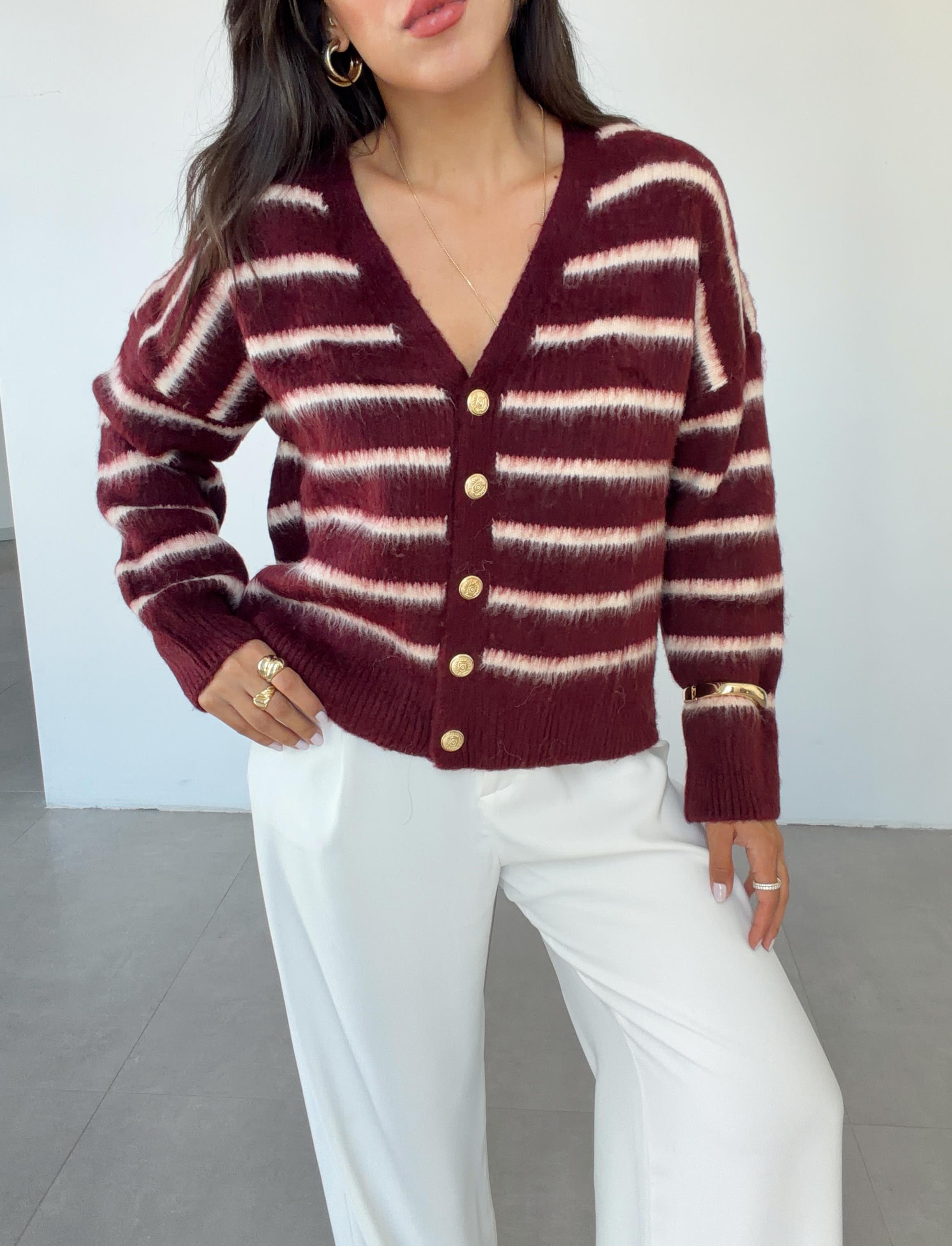 M-D Bordo-Beyaz Çizgili Triko Hırka