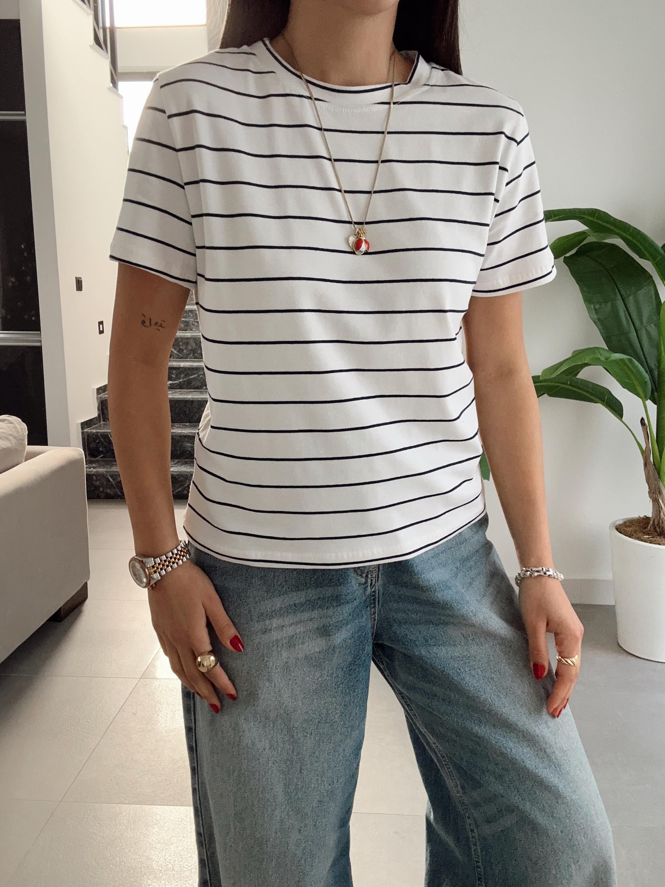 M-D Ekru-Lacivert Çizgili Basic Tişört