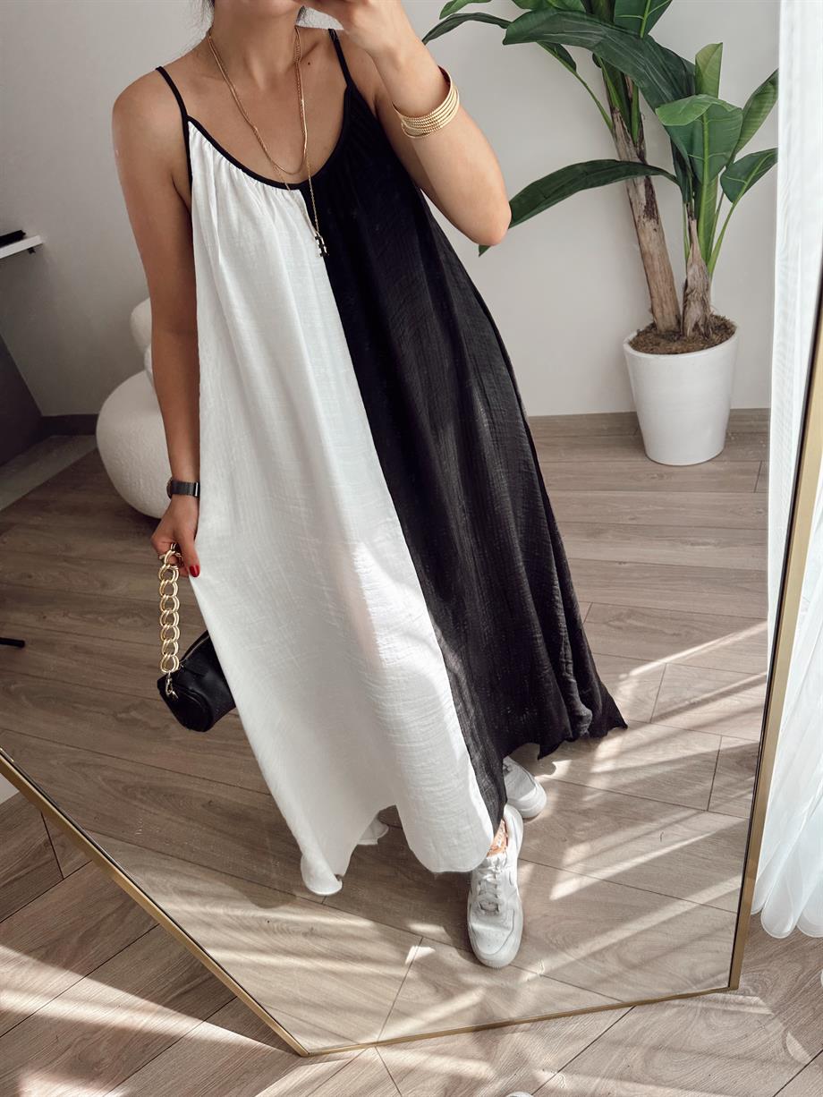 M-D Siyah-Beyaz Blok Desenli Elbise