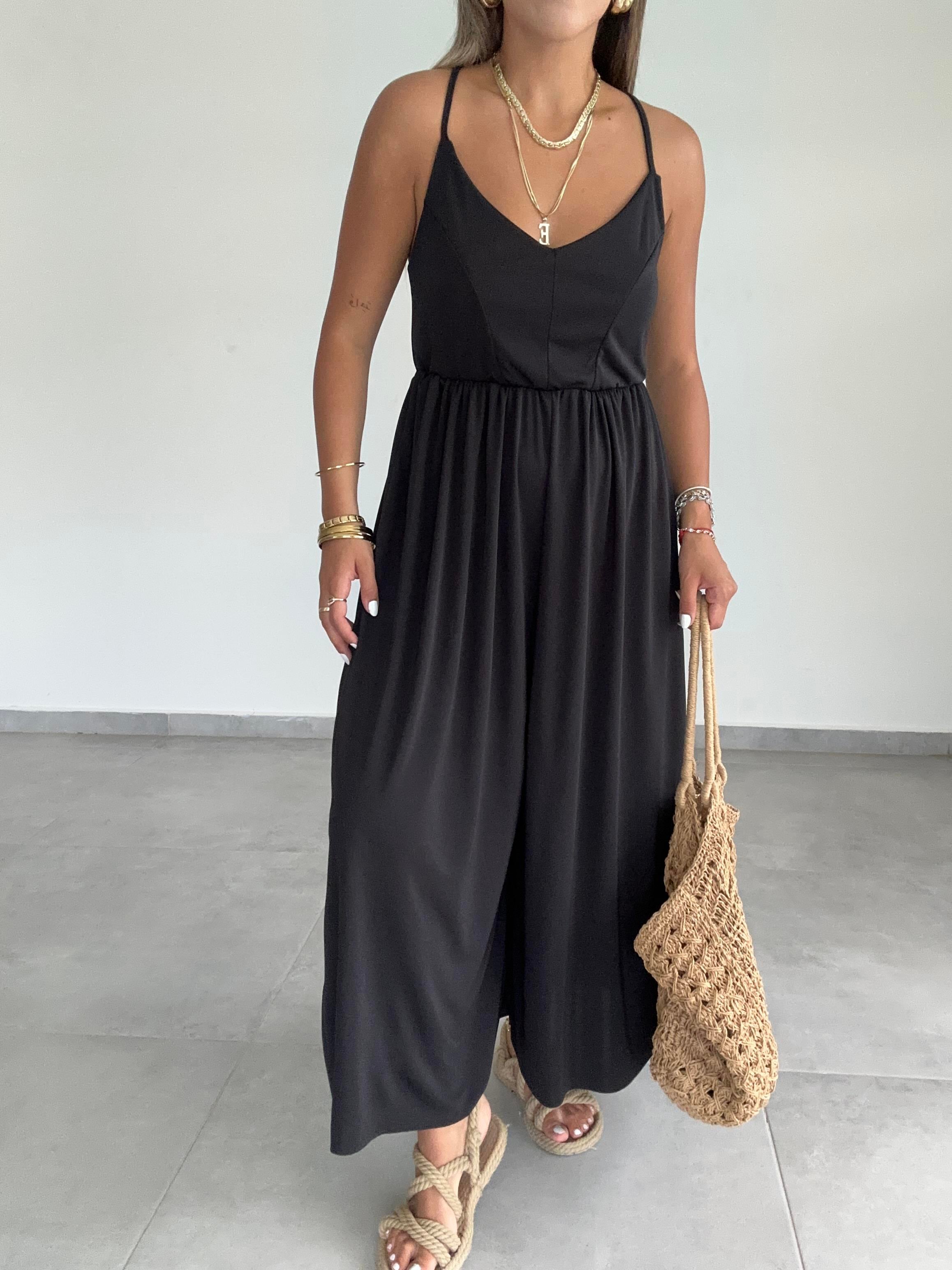 Maria Siyah Çapraz Askılı Tulum