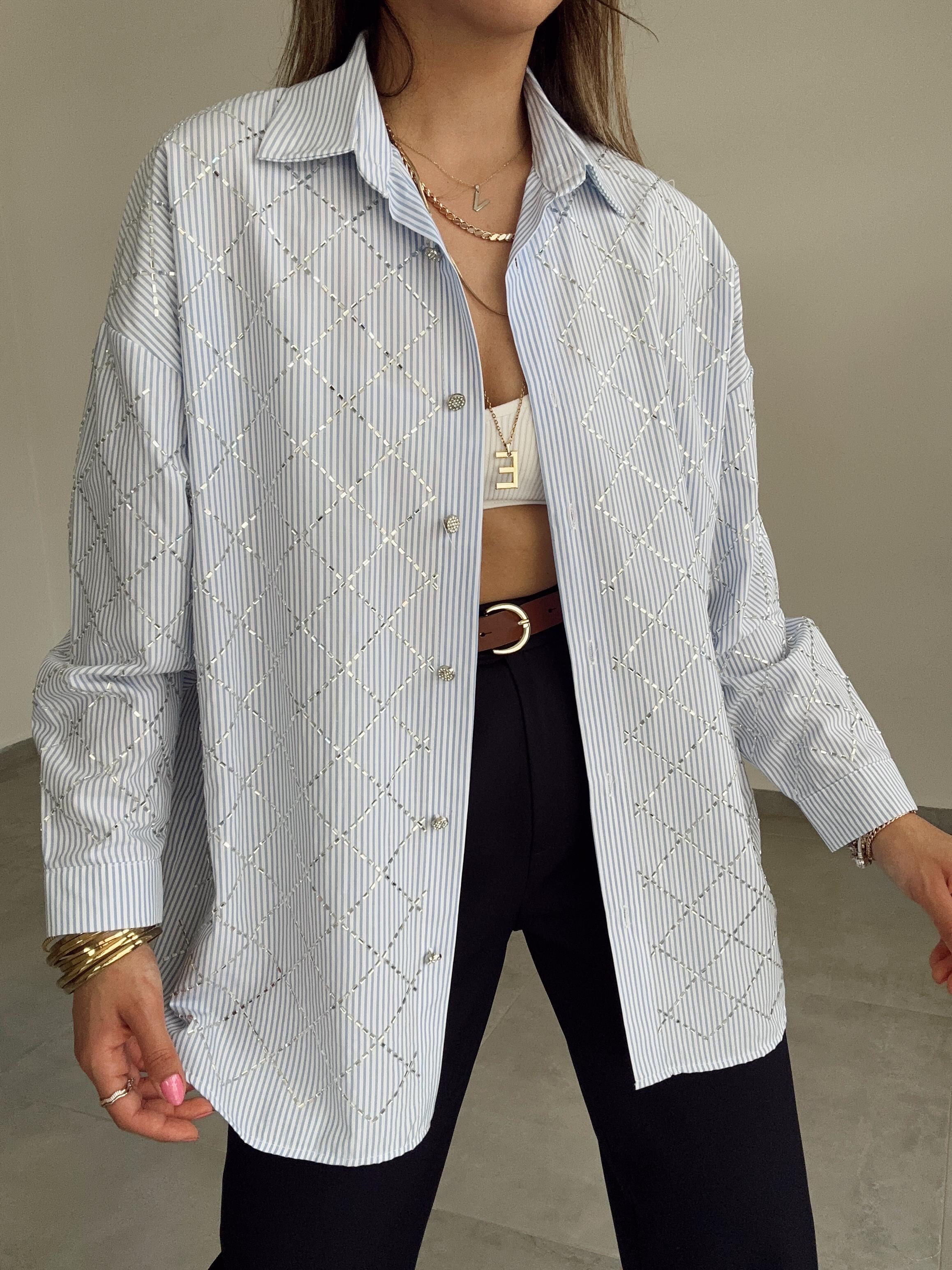 Mavi Çizgili Taşlı Gömlek