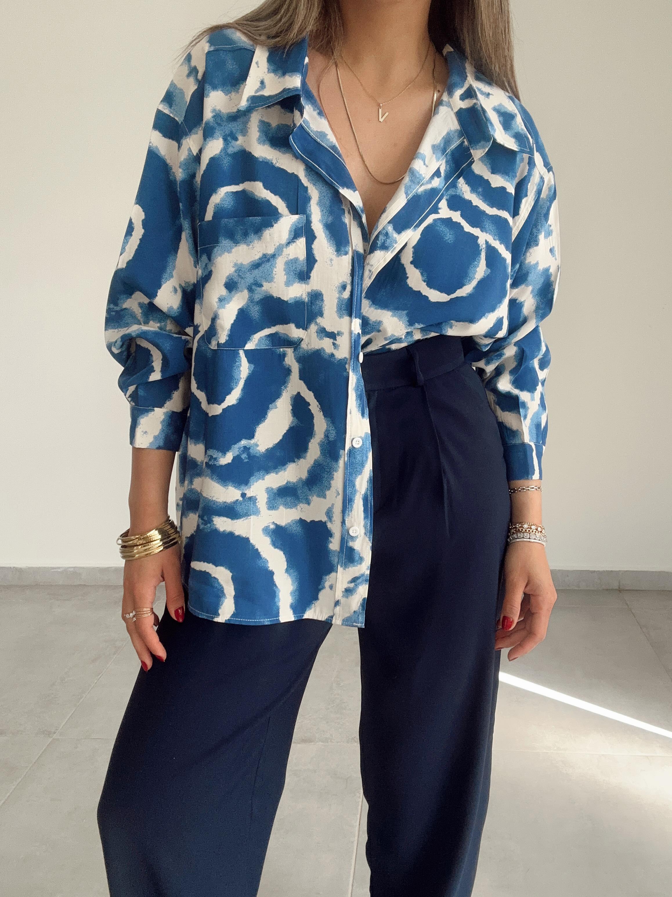 Mavi-Ekru Desenli Cepli Oversize Gömlek