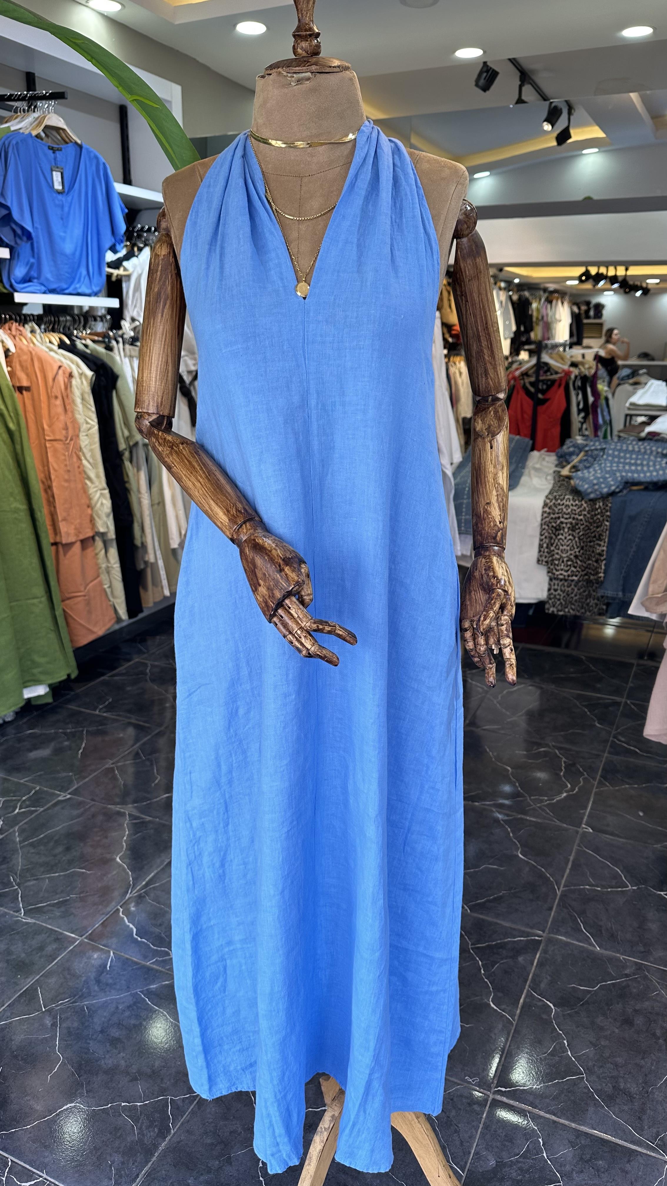 Mavi Keten V Yaka Uzun Elbise