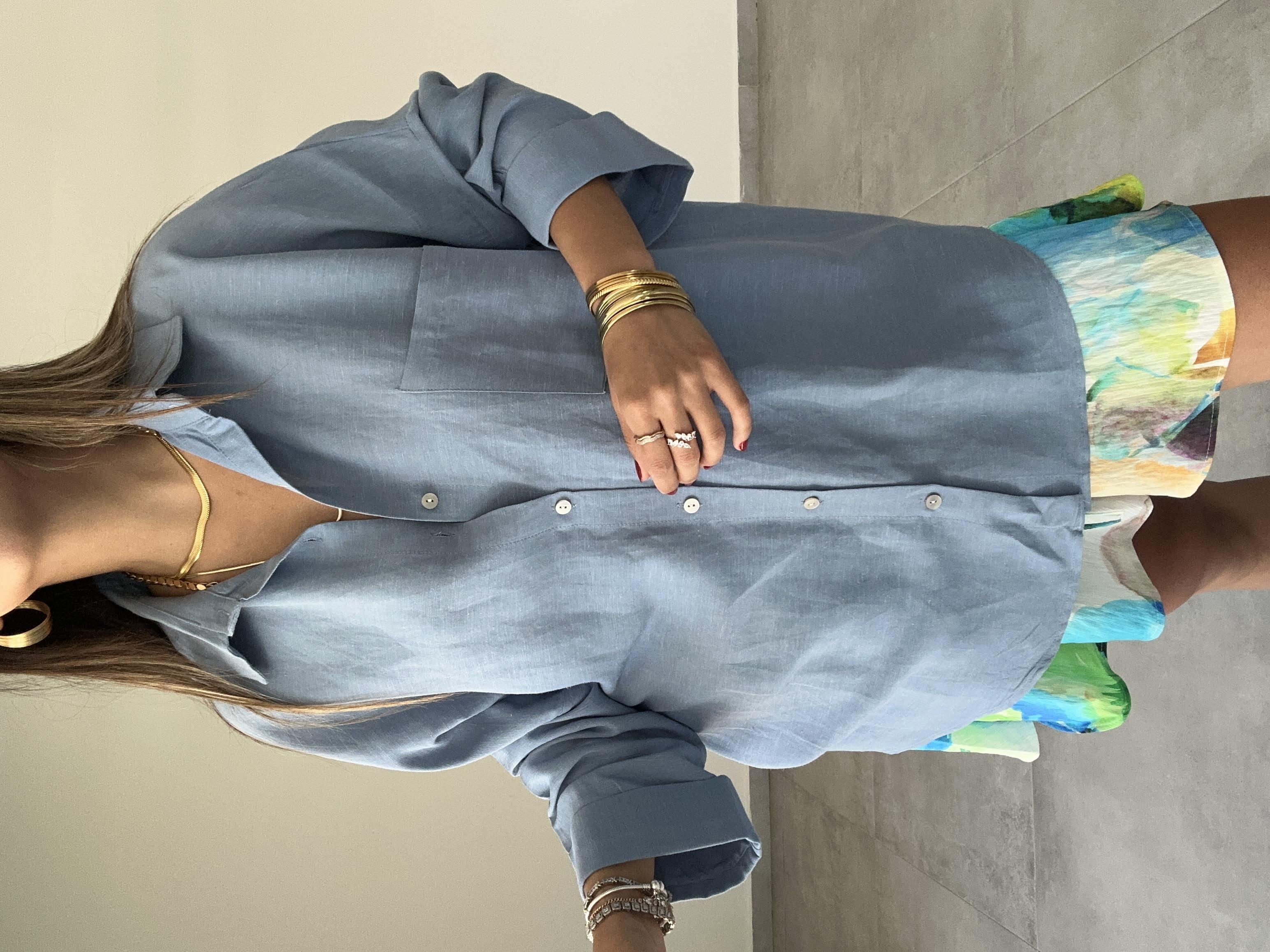 Mavi  Oversize Keten Gömlek