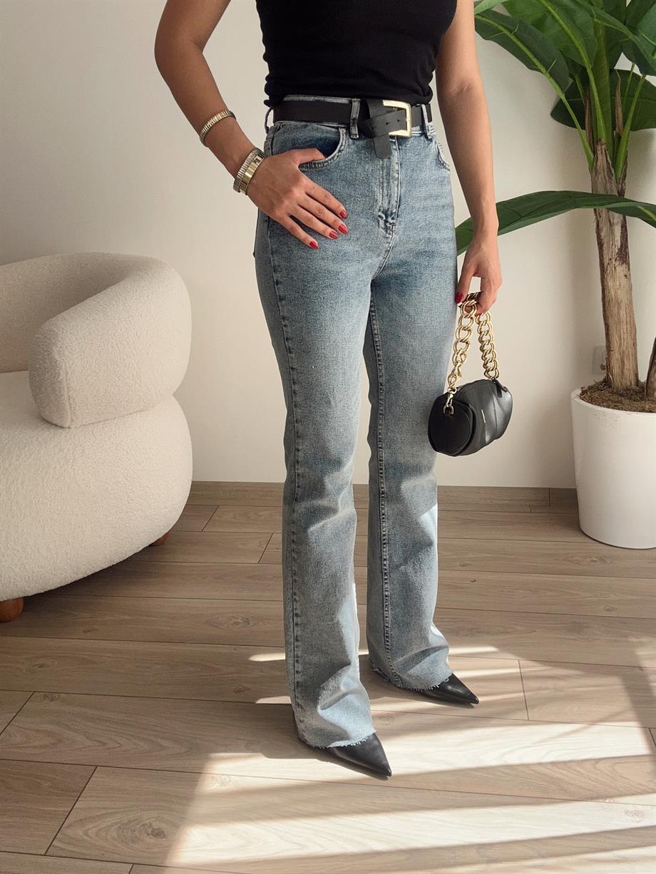 Mavi Paçası Dikişsiz Flare Pantolon