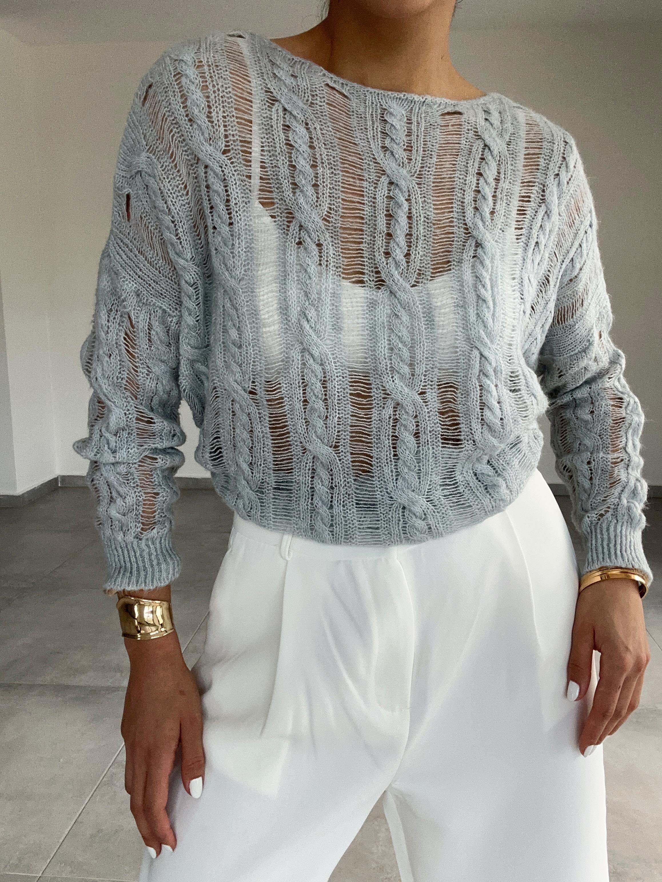 Mavi Saç Örgülü Ajurlu Kazak