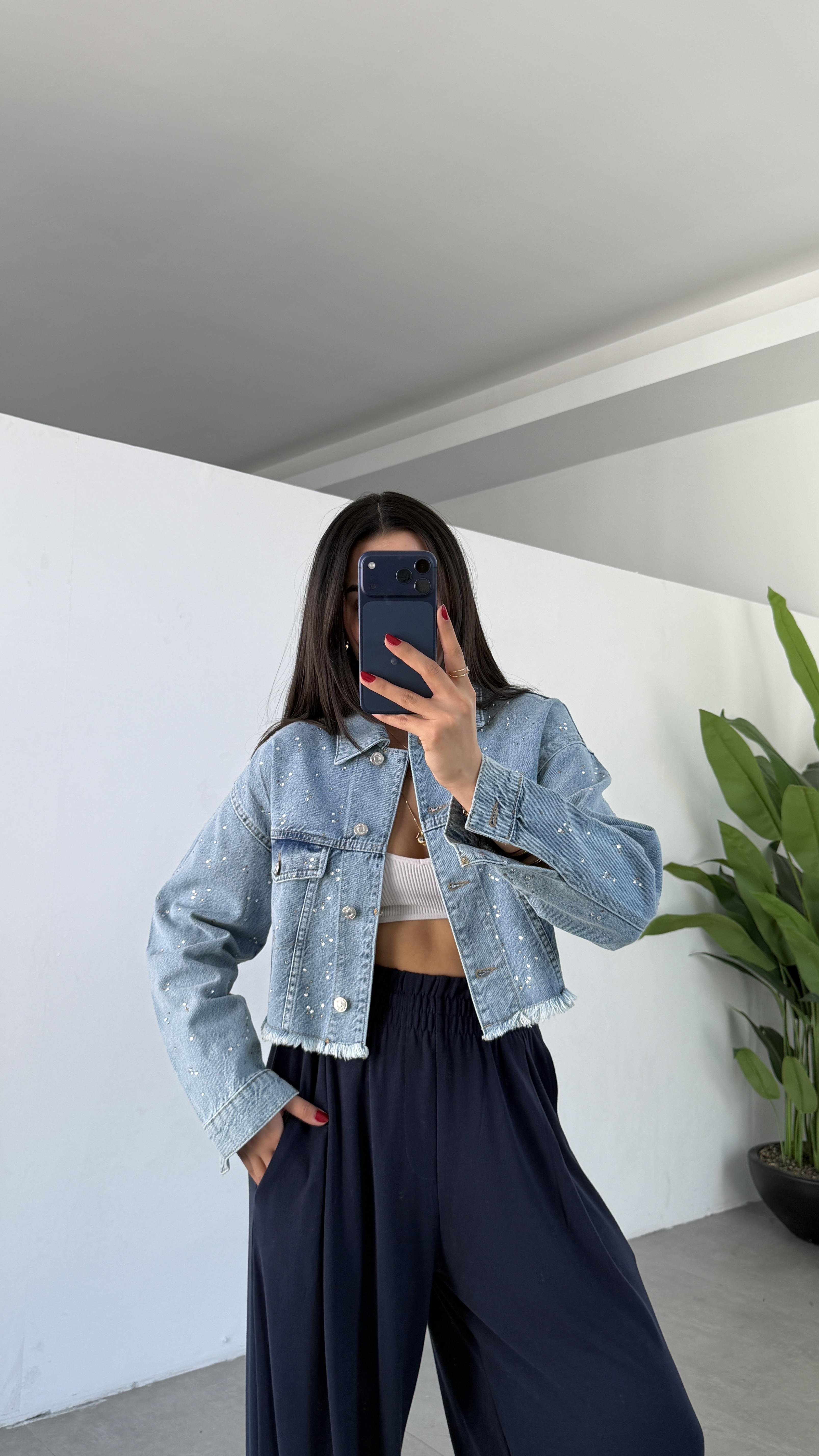 Mavi Taşlı Kot Ceket