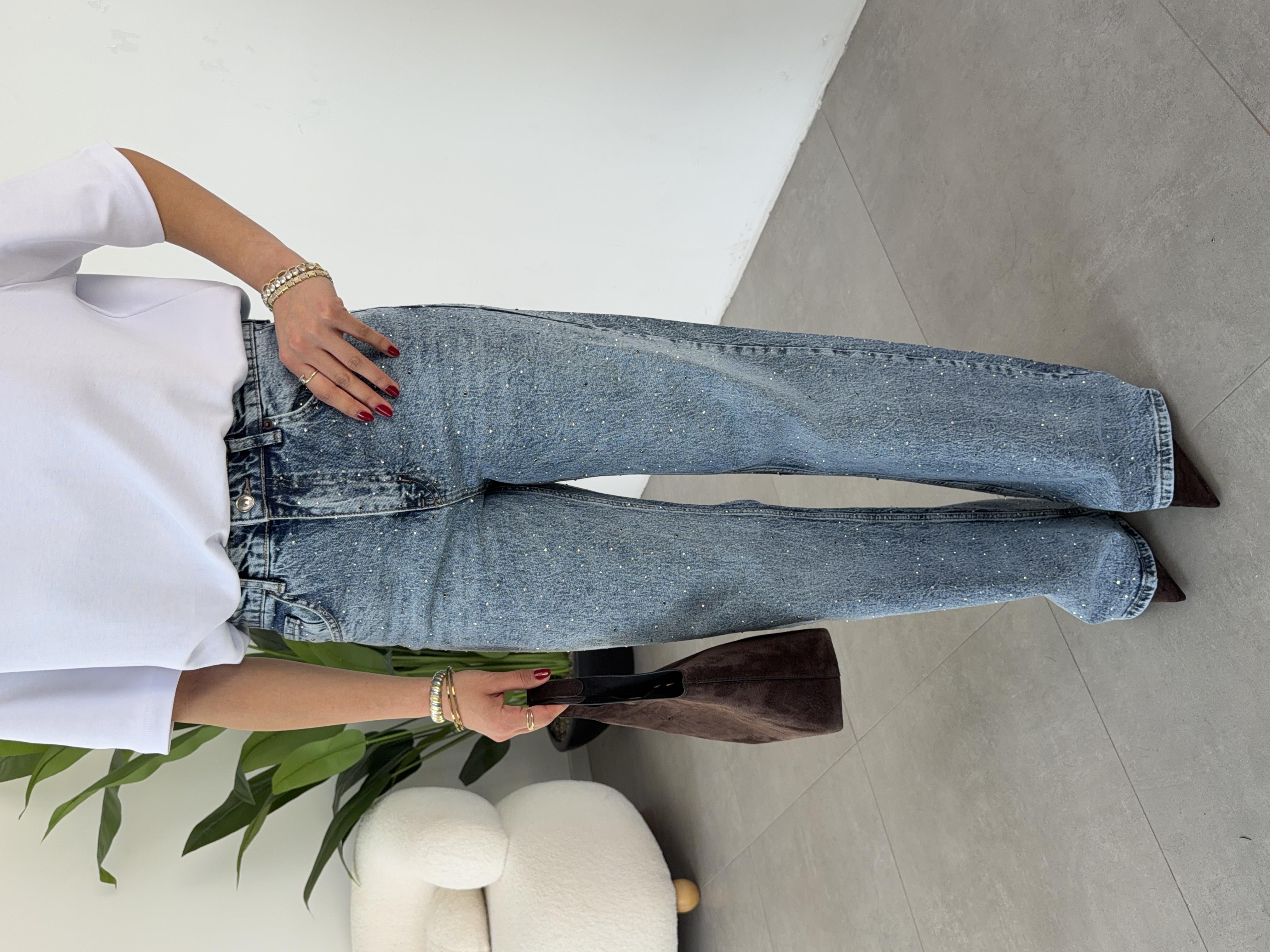 Mavi Taşlı Wideleg Jean