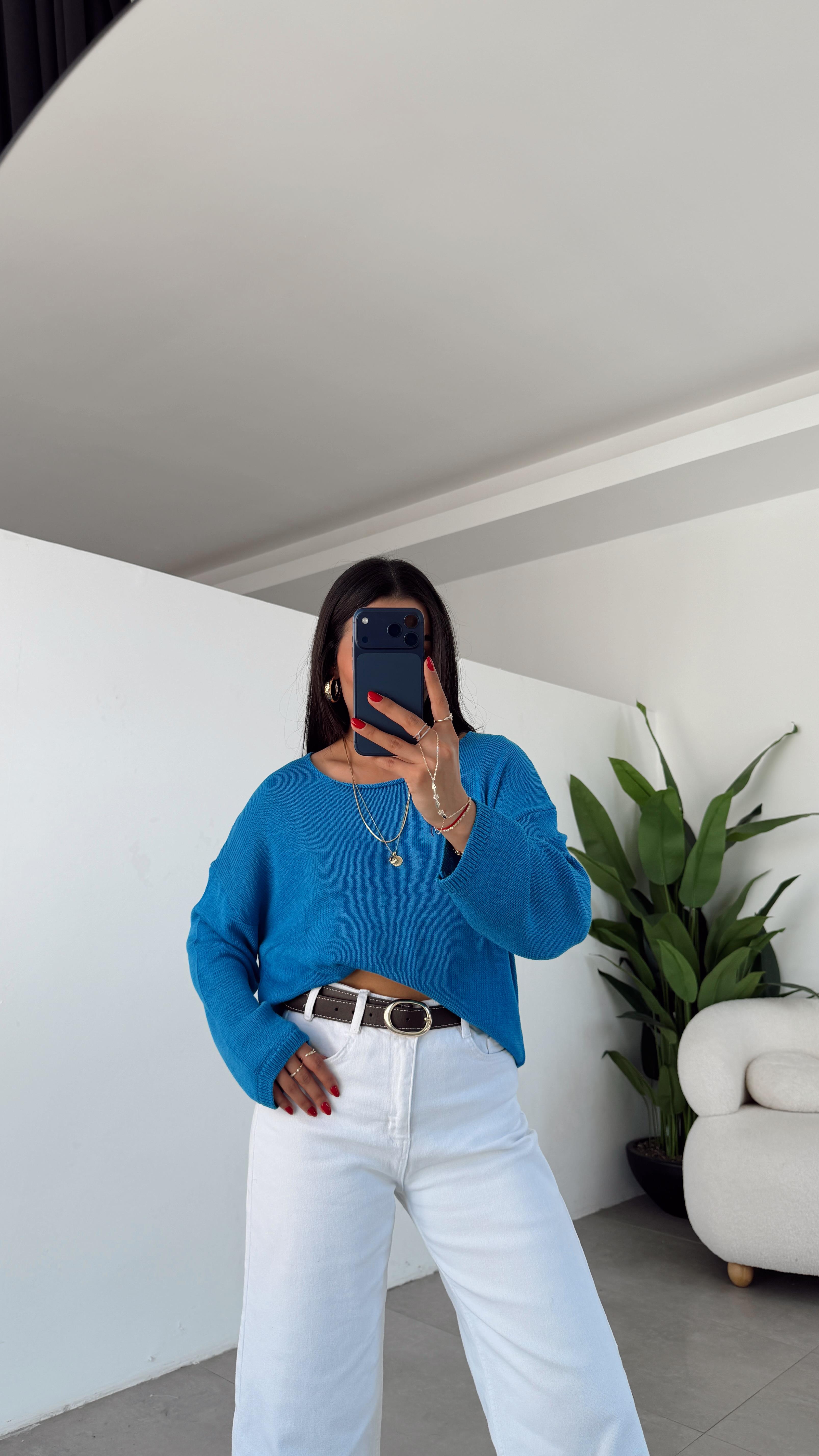 Mavi Uzun Kollu Düz Kazak