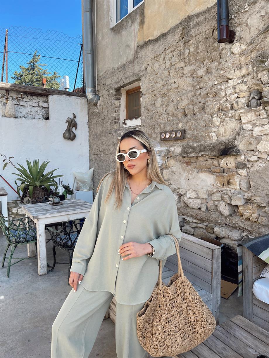 Mint Yeşil Keten Oversize Gömlek